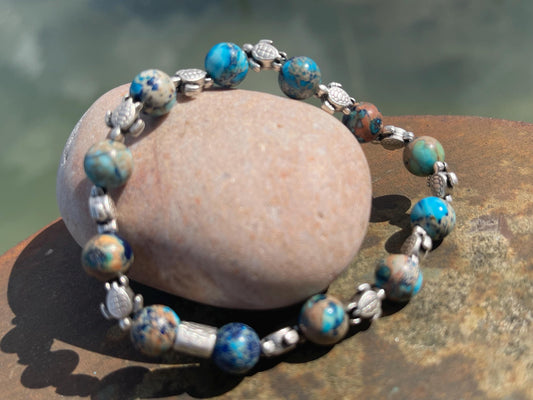 Jasper bracelet showcasing baby turtles. Turtle jewellery, Hippy bracelet, eco gift for her, ethical jewellery, handmade turtle bracelet