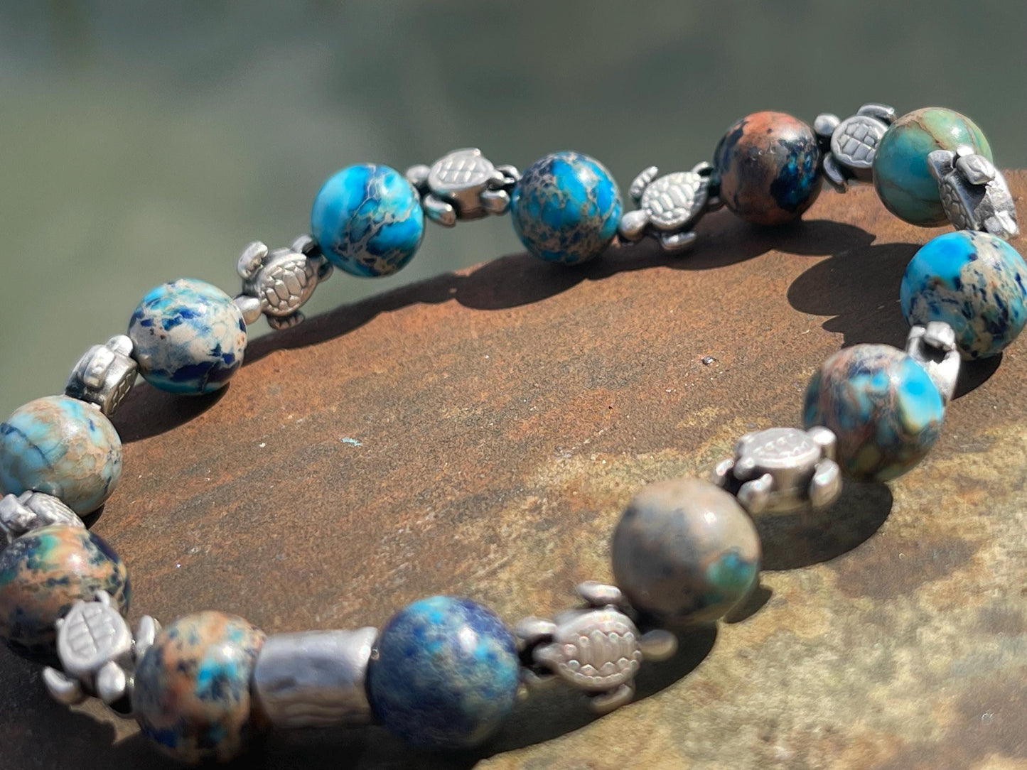 Jasper bracelet showcasing baby turtles. Turtle jewellery, Hippy bracelet, eco gift for her, ethical jewellery, handmade turtle bracelet