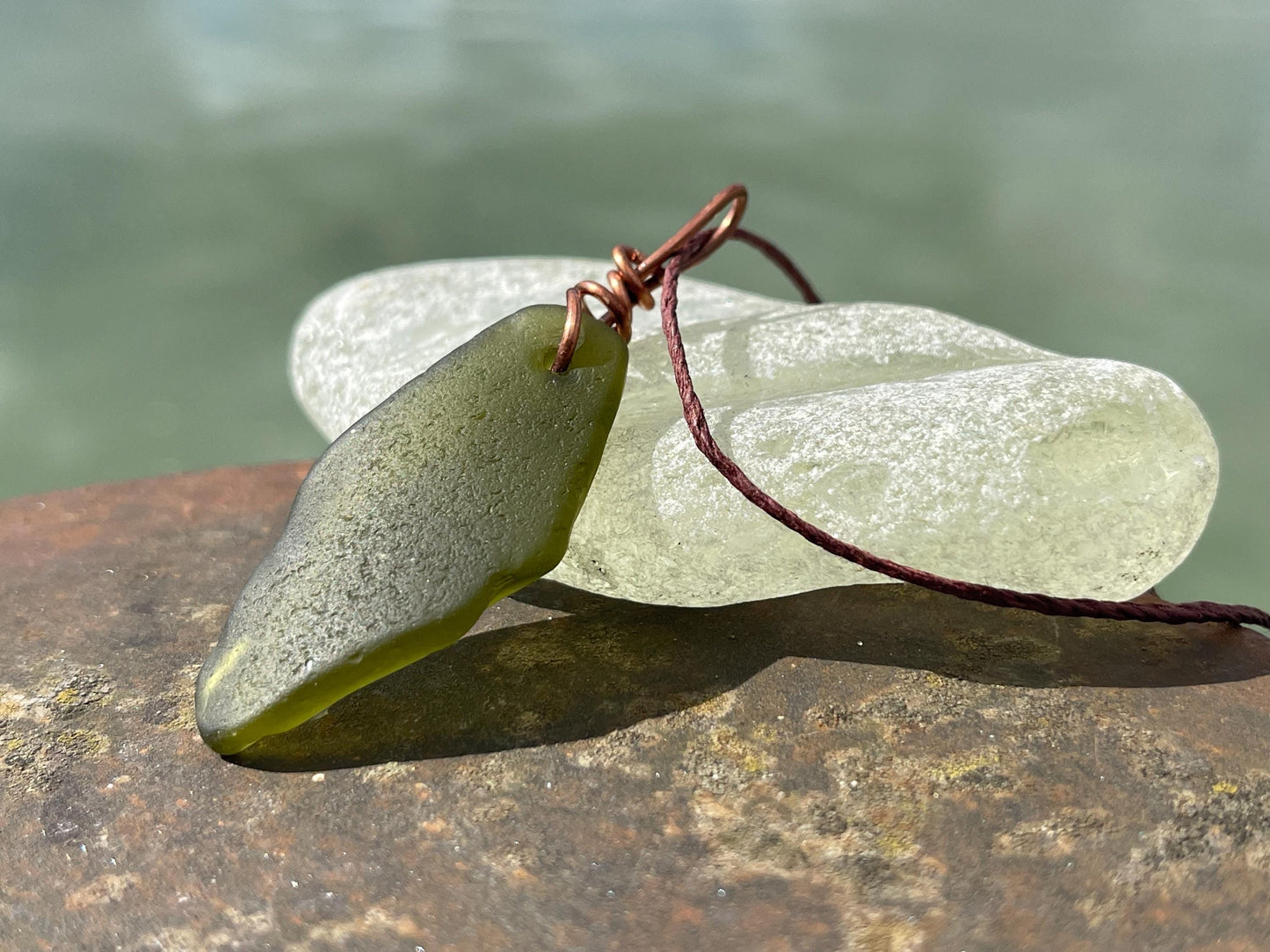 Green sea glass necklace. Recycled necklace, gift for him. Ethical jewellery. Sea glass pendant. Eco friendly necklace, boho surf jewellery