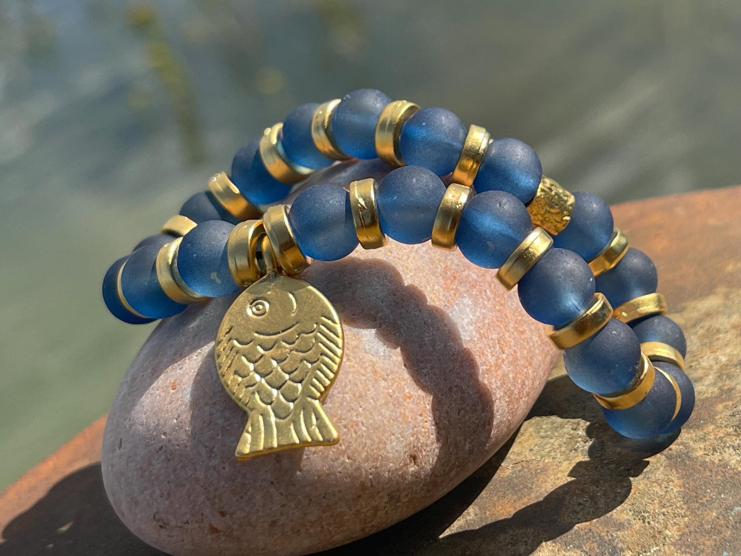 Blue glass bracelet, handmade gift for him, fish bracelet, blue bracelet, gifts for men, handmade bracelet, boho bracelet, keep on swimming