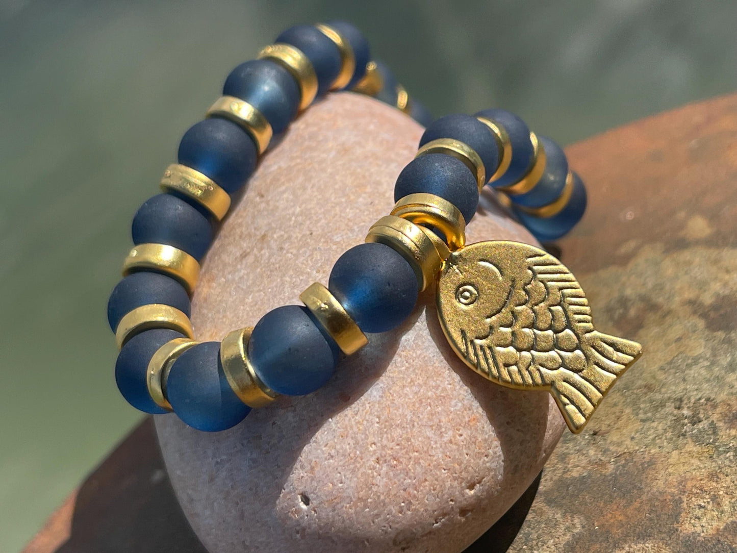 Blue glass bracelet, handmade gift for him, fish bracelet, blue bracelet, gifts for men, handmade bracelet, boho bracelet, keep on swimming