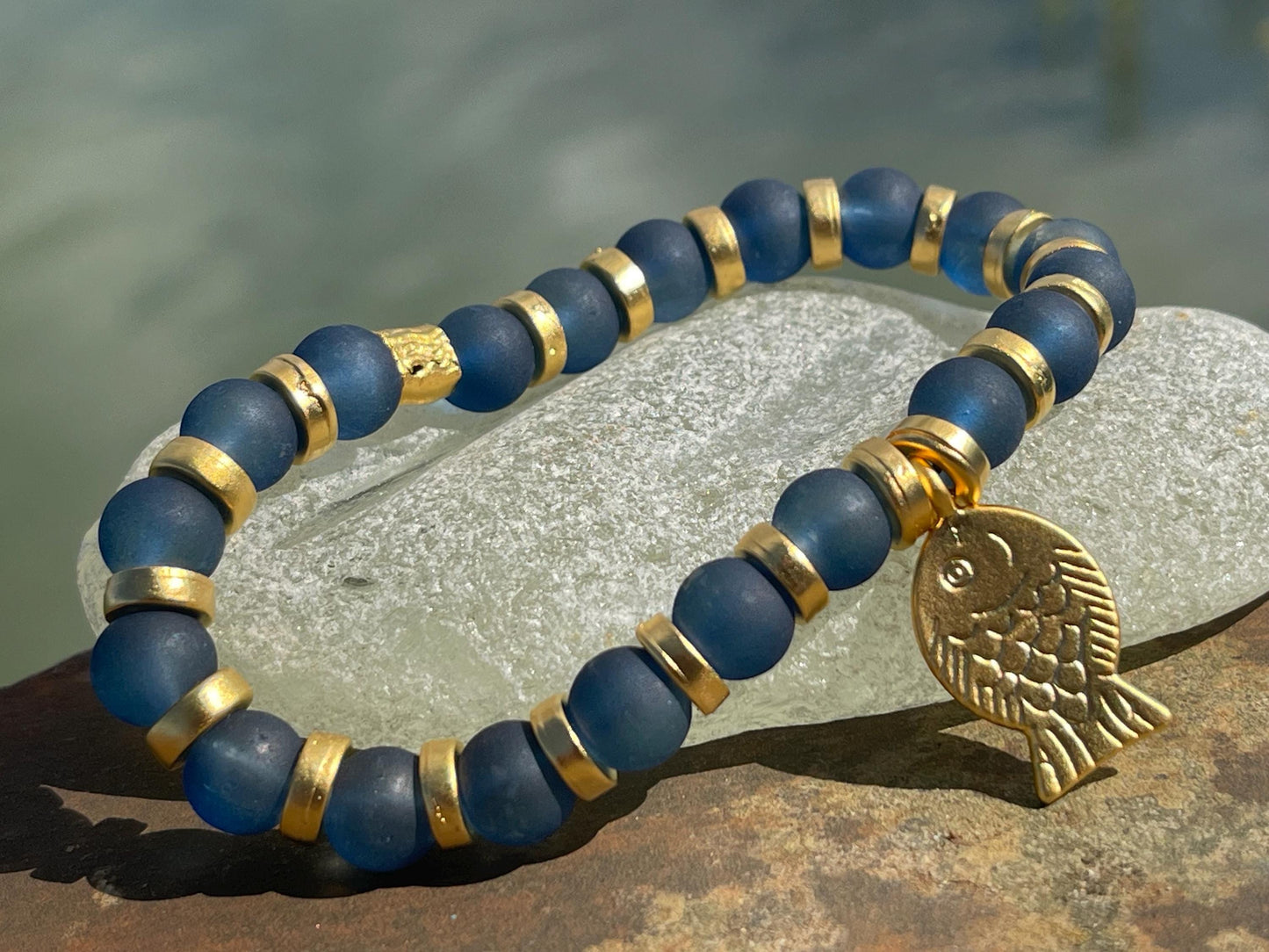 Blue glass bracelet, handmade gift for him, fish bracelet, blue bracelet, gifts for men, handmade bracelet, boho bracelet, keep on swimming