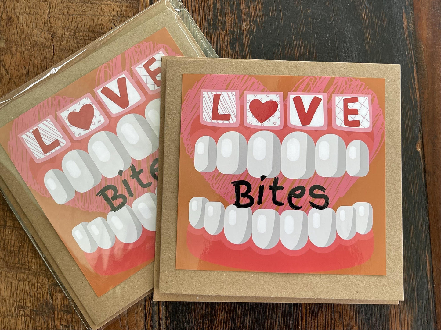 Love bites card, funky valentines card, recycled card, eco friendly valentines card for him, valentines card for her, handmade card. Bite me