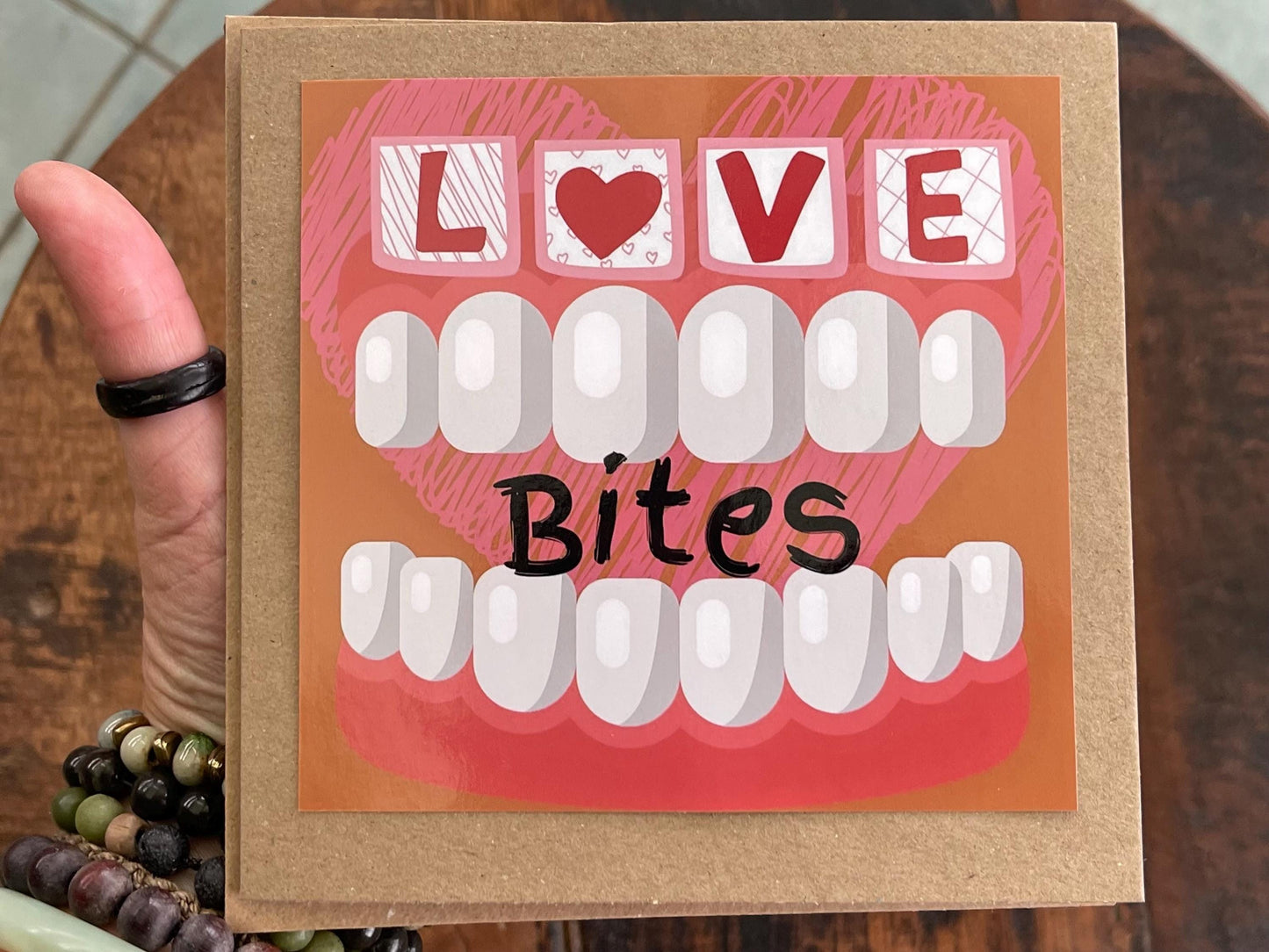 Love bites card, funky valentines card, recycled card, eco friendly valentines card for him, valentines card for her, handmade card. Bite me