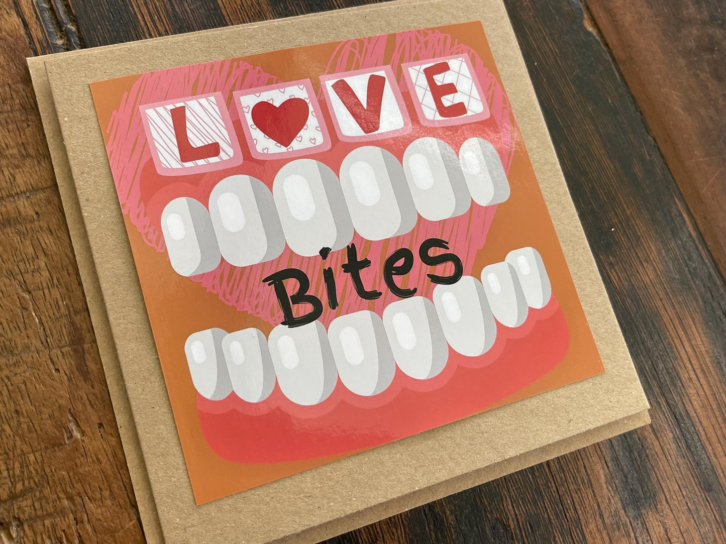 Love bites card, funky valentines card, recycled card, eco friendly valentines card for him, valentines card for her, handmade card. Bite me