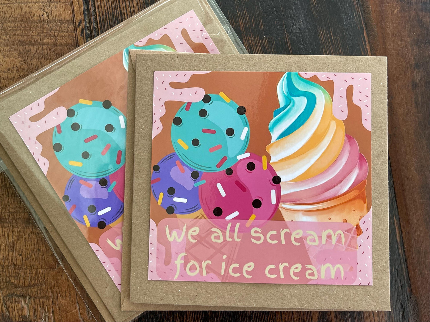 Recycled handmade birthday card. We all scream for ice cream. Eco friendly card. Ice cream card. Fun recycled card. Holiday card, beach card