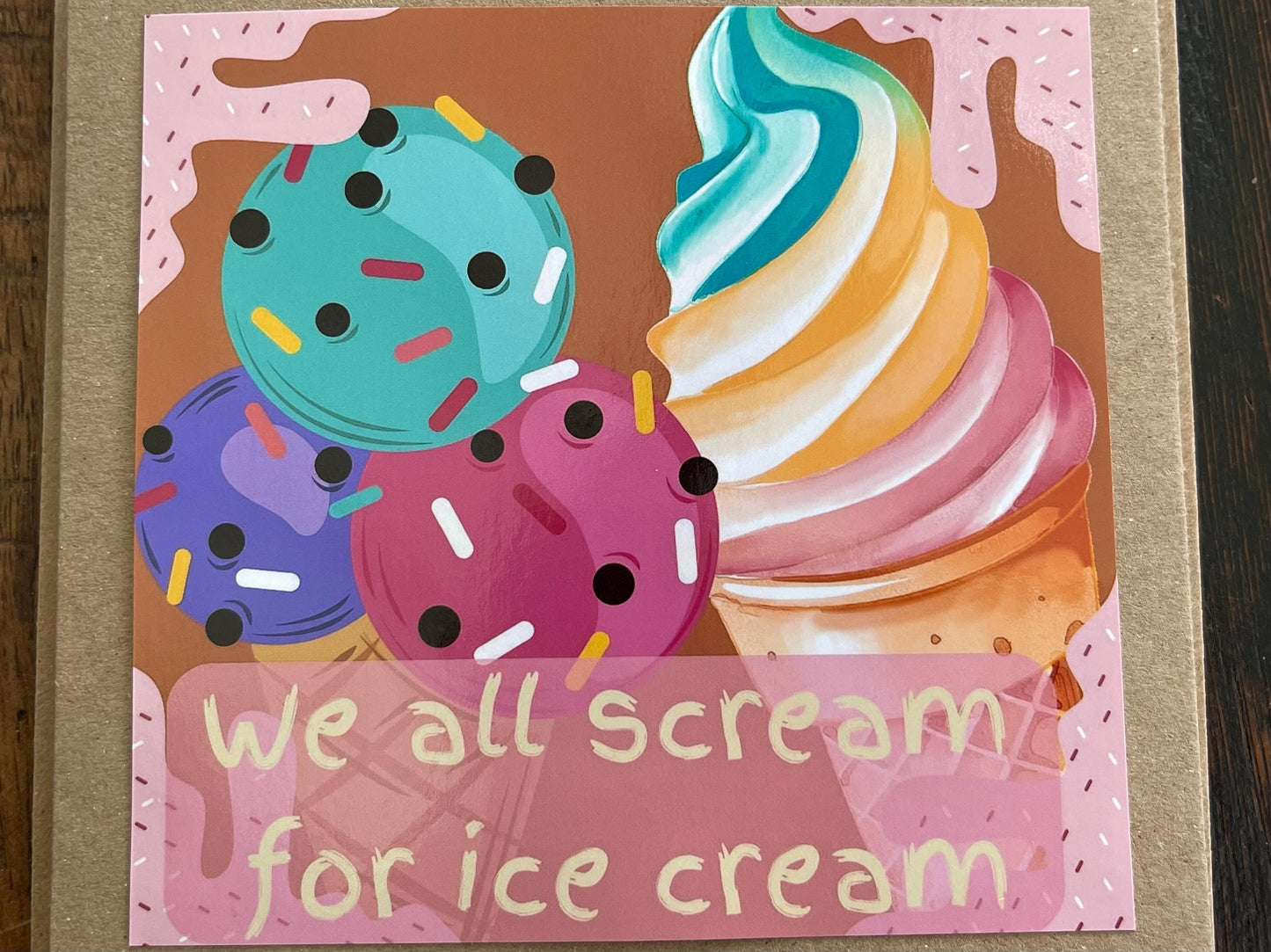 Recycled handmade birthday card. We all scream for ice cream. Eco friendly card. Ice cream card. Fun recycled card. Holiday card, beach card