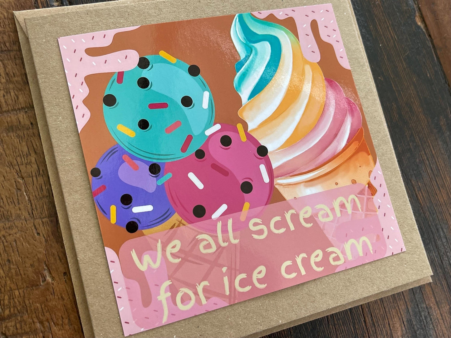 Recycled handmade birthday card. We all scream for ice cream. Eco friendly card. Ice cream card. Fun recycled card. Holiday card, beach card