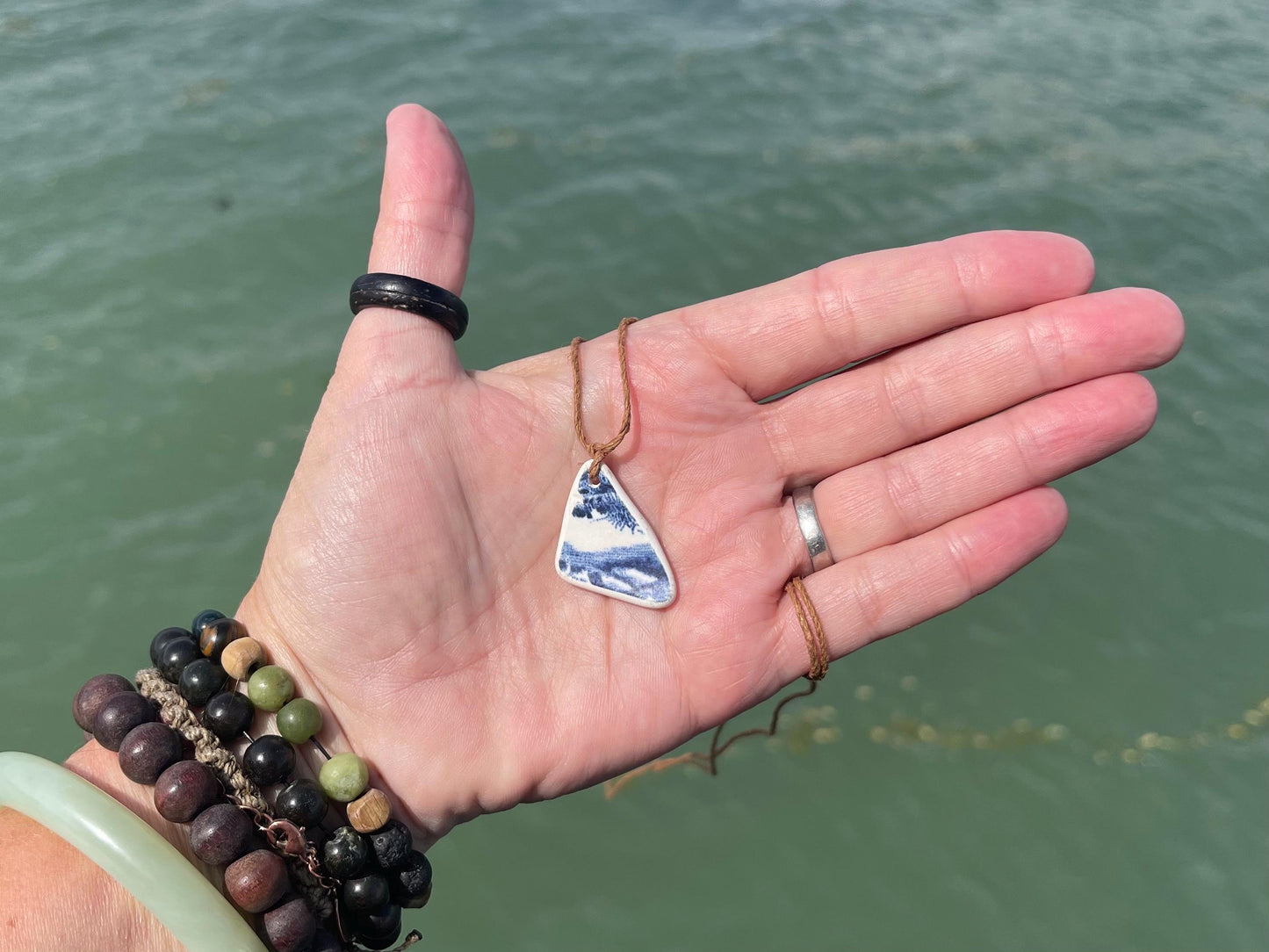 Recycled necklace, sea pottery necklace, eco friendly gift for her. Handmade necklace, ethical jewellery, blue necklace, earthy jewellery