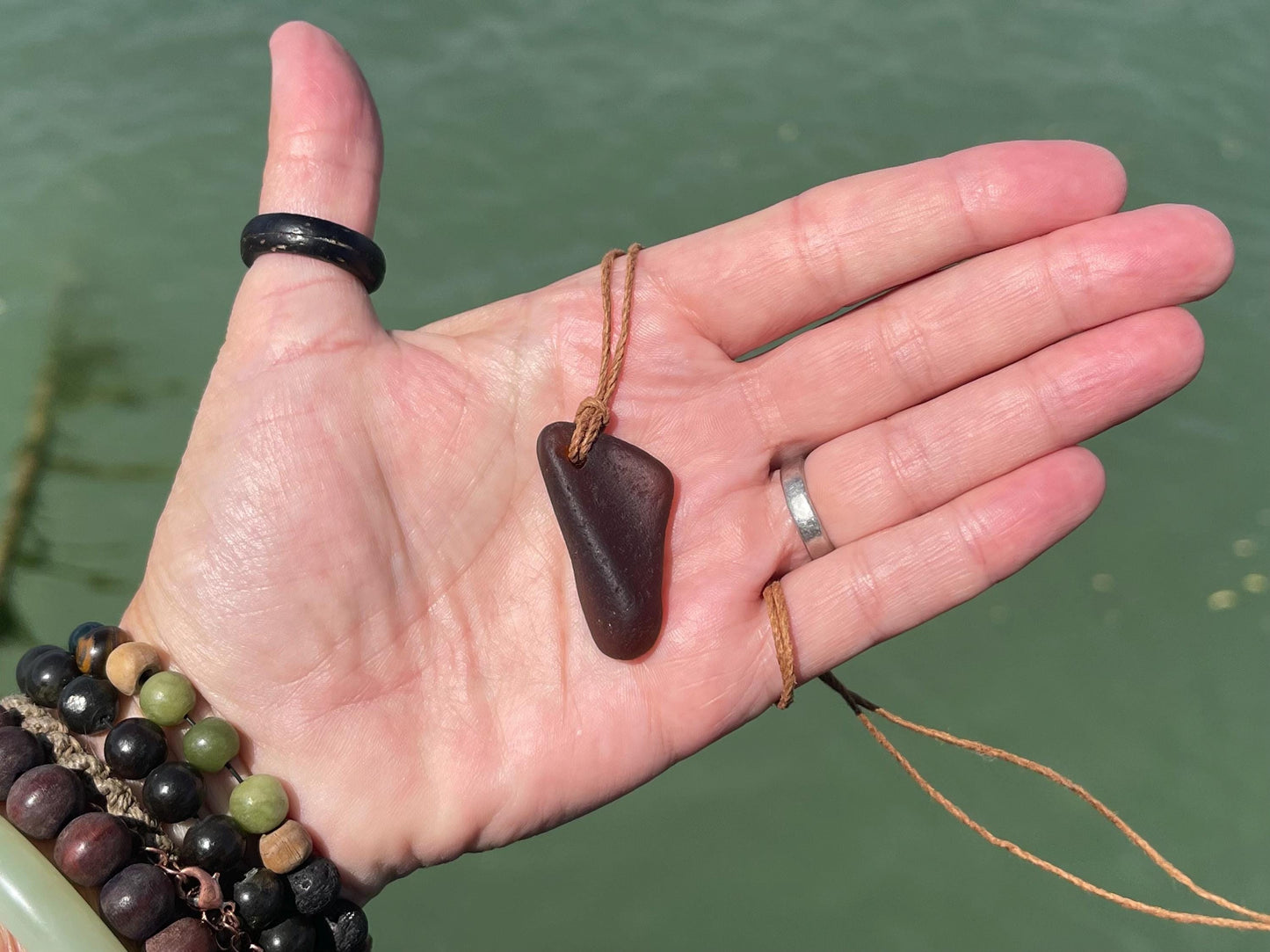 Orange sea glass necklace. Recycled necklace, gift for him. Ethical jewellery. Sea glass pendant. Eco friendly necklace, boho surf jewellery