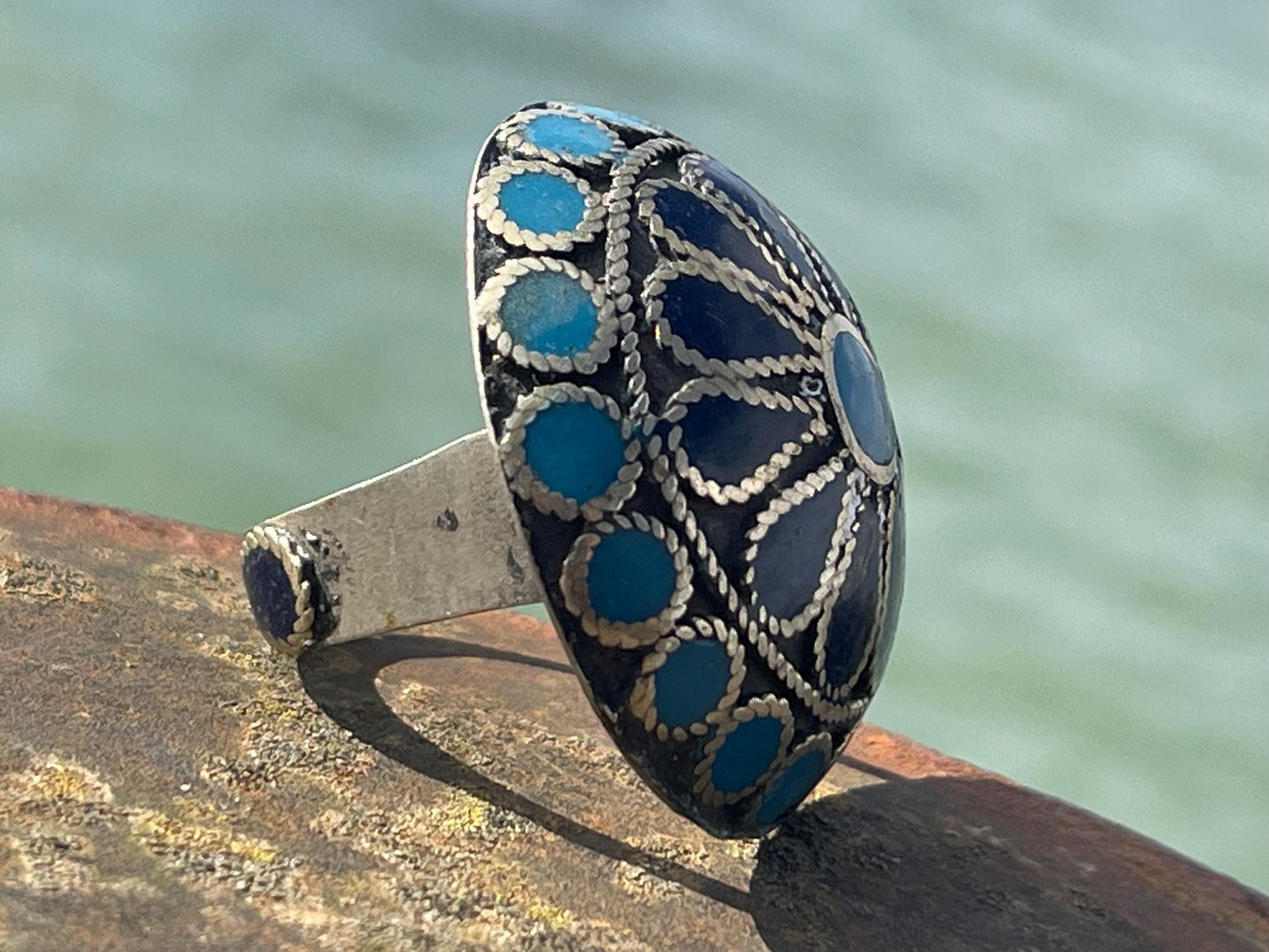 Fabulous vintage ring, large blue ring, boho vintage jewellery, ethical jewellery, gypsy ring. Gypsy jewellery, statement jewellery