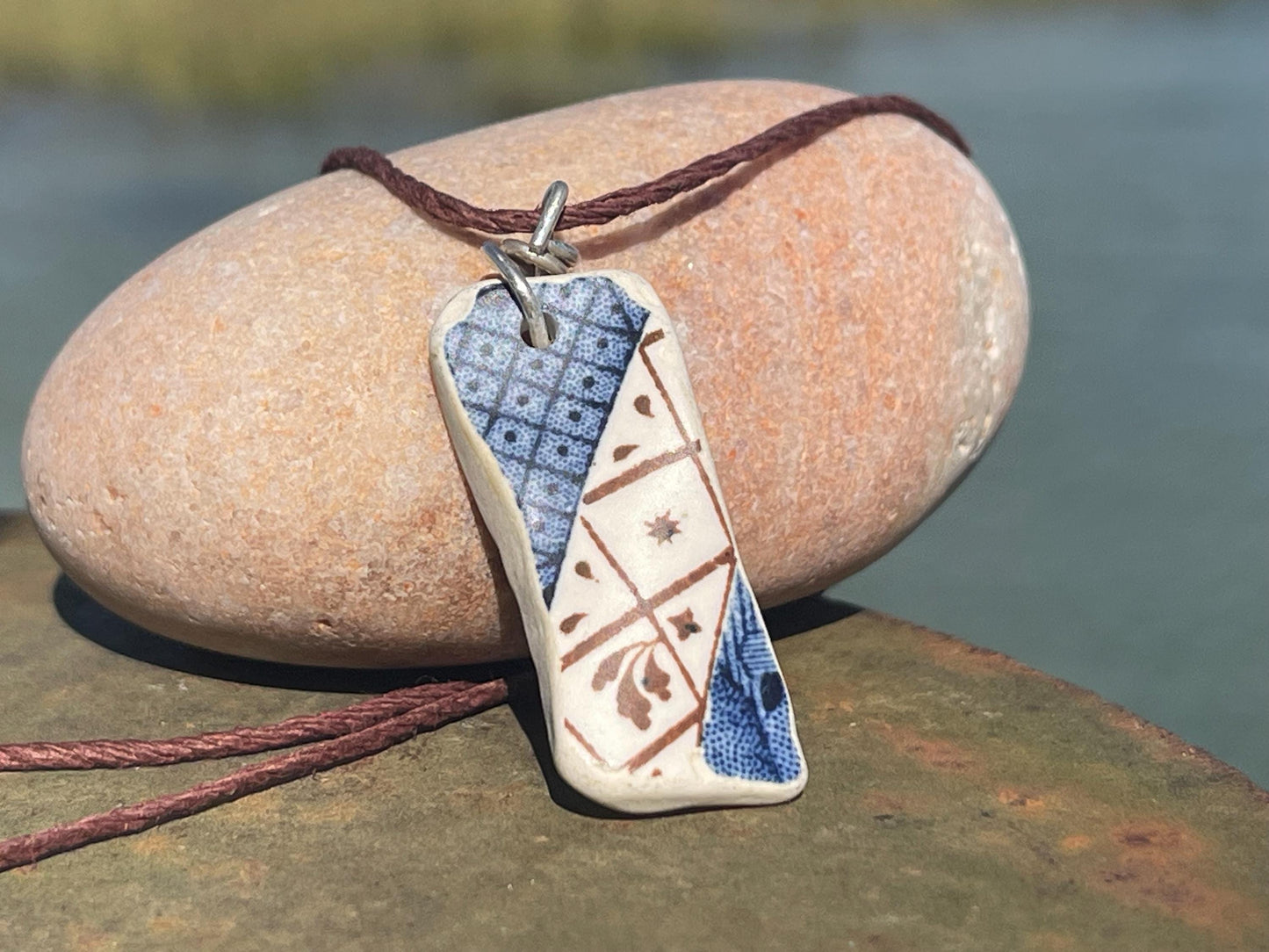 Recycled necklace, sea pottery necklace, eco friendly gift for her. Handmade necklace, ethical jewellery, ceramic necklace, blue necklace