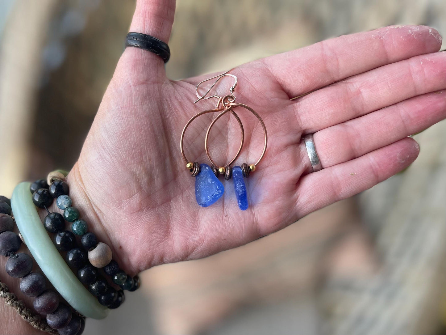 Handmade earrings. Sustainable jewellery, blue sea glass earrings. Handmade earrings, gift for her, eco friendly jewellery, ethical gifts