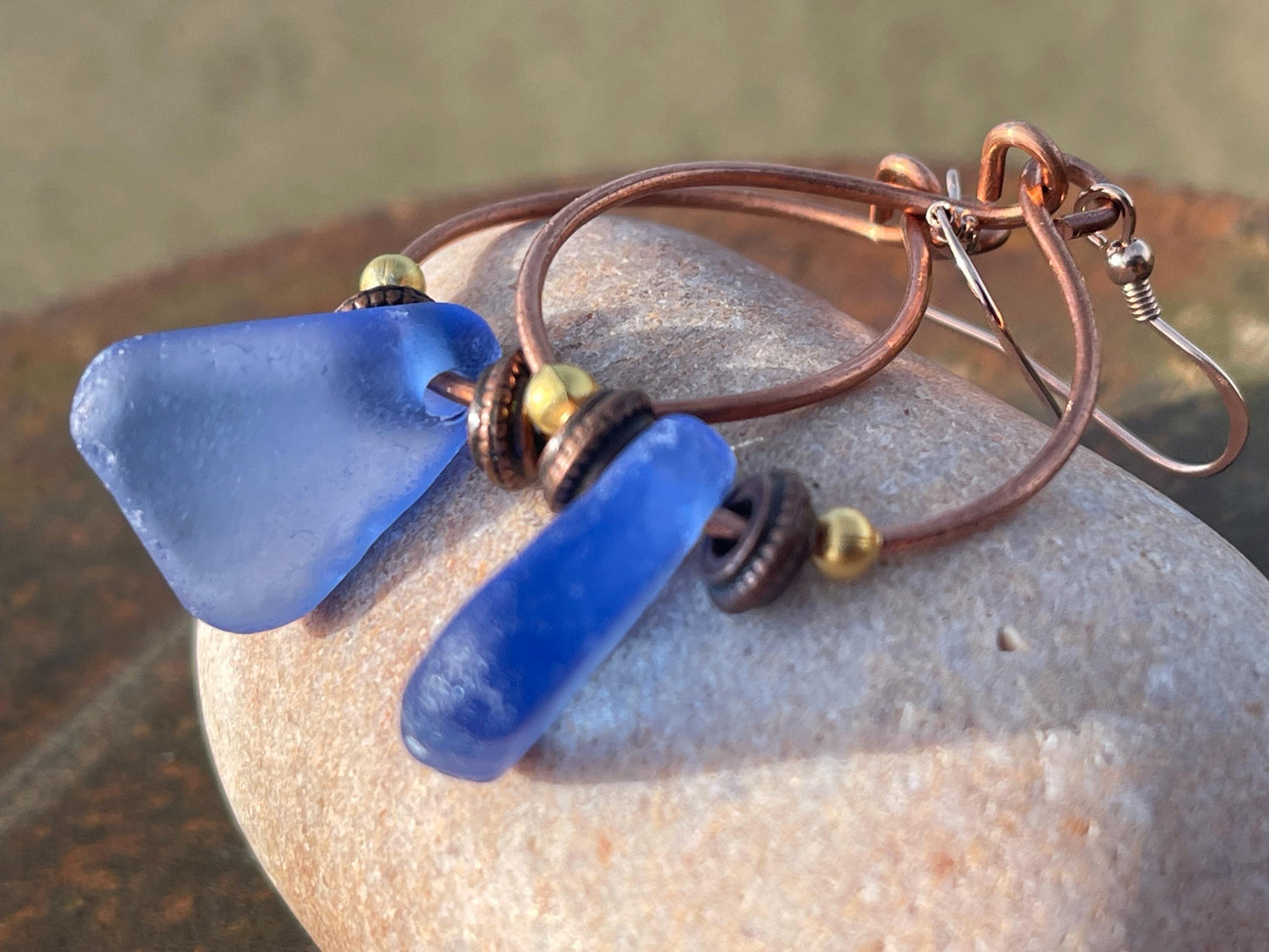 Handmade earrings. Sustainable jewellery, blue sea glass earrings. Handmade earrings, gift for her, eco friendly jewellery, ethical gifts