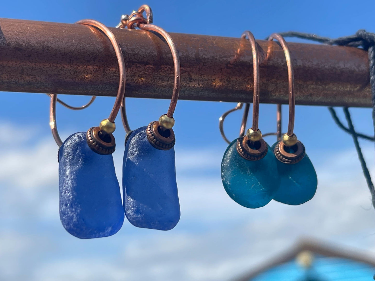 Handmade earrings. Sustainable jewellery, blue sea glass earrings. Handmade earrings, gift for her, eco friendly jewellery, ethical gifts