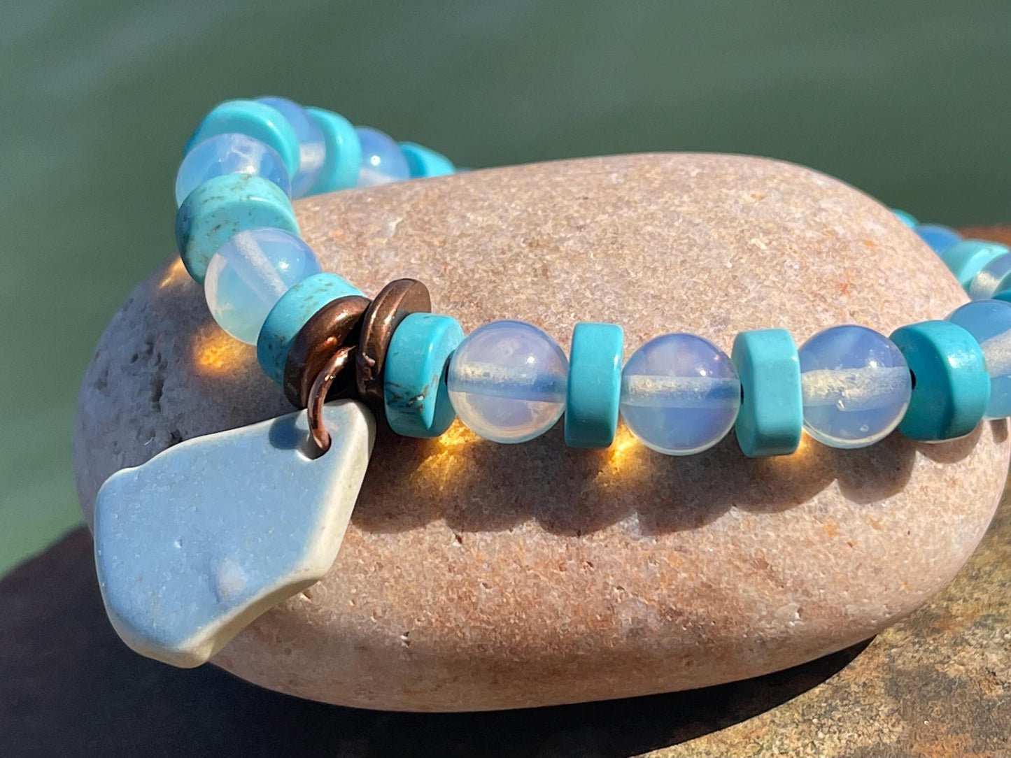 Rustic sea pottery bracelet. Blue glass bracelet. Handmade bracelets made with glass. Eco friendly jewellery. Unique bracelet.