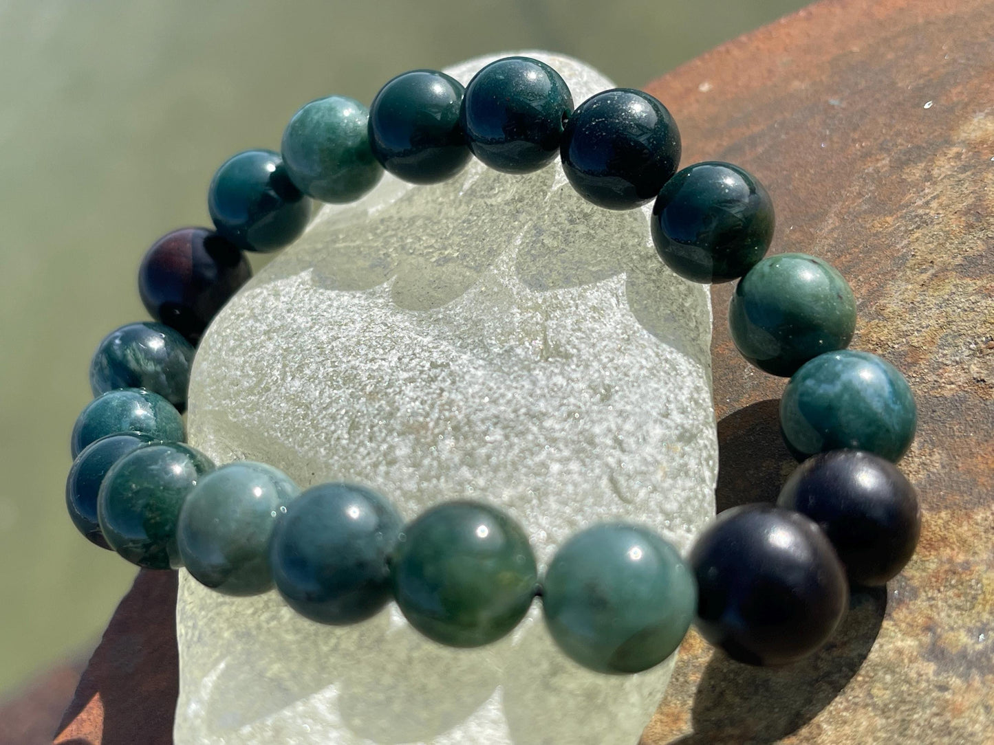 Moss agate gemstone bracelet, gift for him, tiger ebony wood bracelet, moss agate jewellery. Green bracelet for a man. Gifts for men.