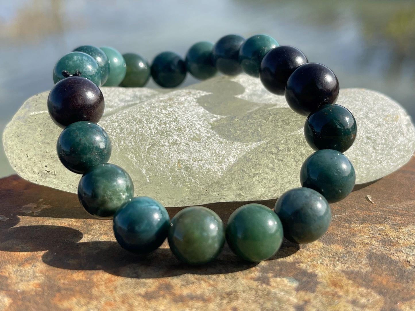 Moss agate gemstone bracelet, gift for him, tiger ebony wood bracelet, moss agate jewellery. Green bracelet for a man. Gifts for men.