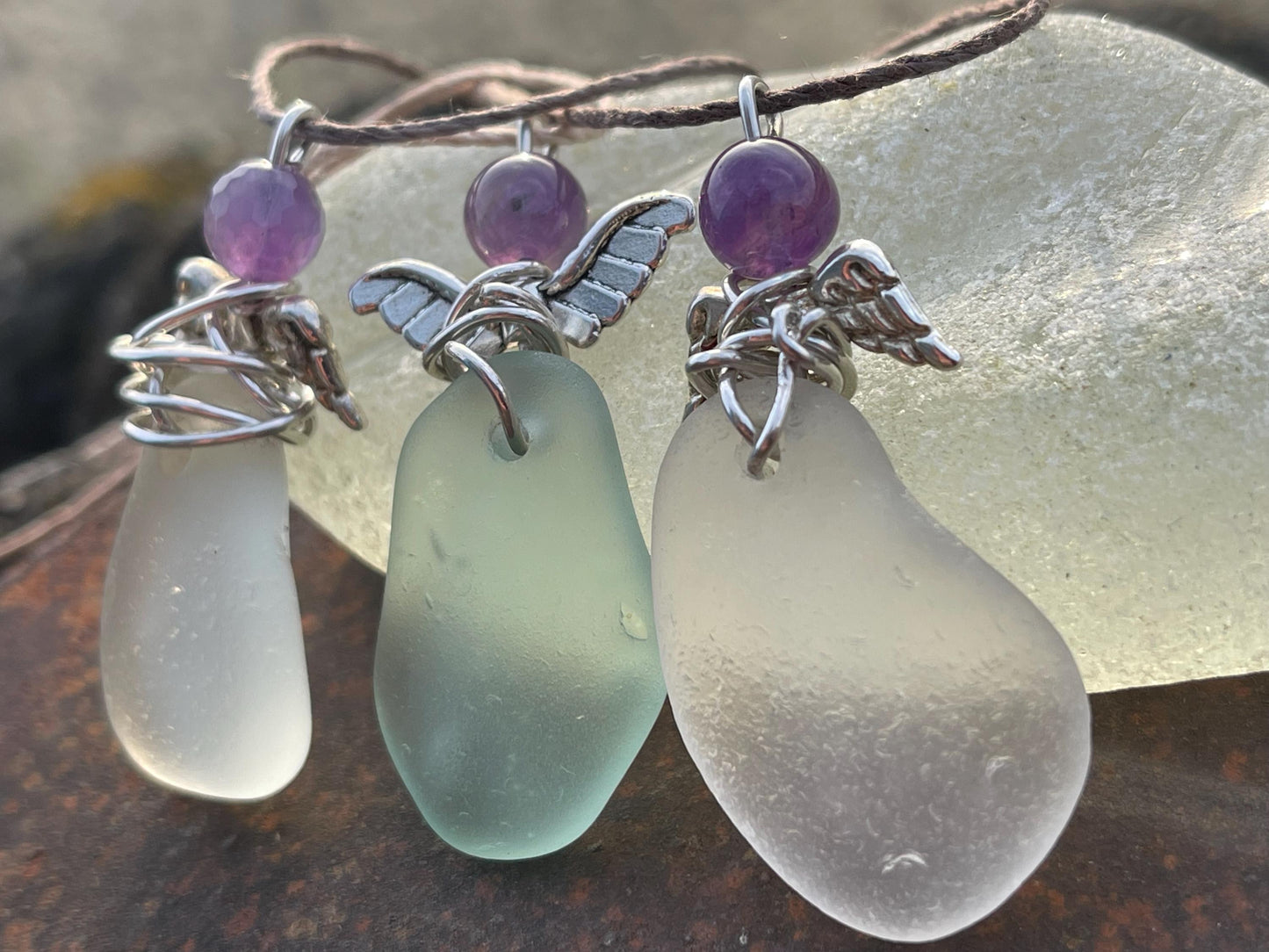 Guardian angel necklace, sea glass necklace, unique necklace, eco friendly gift for her. Ethical jewellery, boho necklace, angel pendant