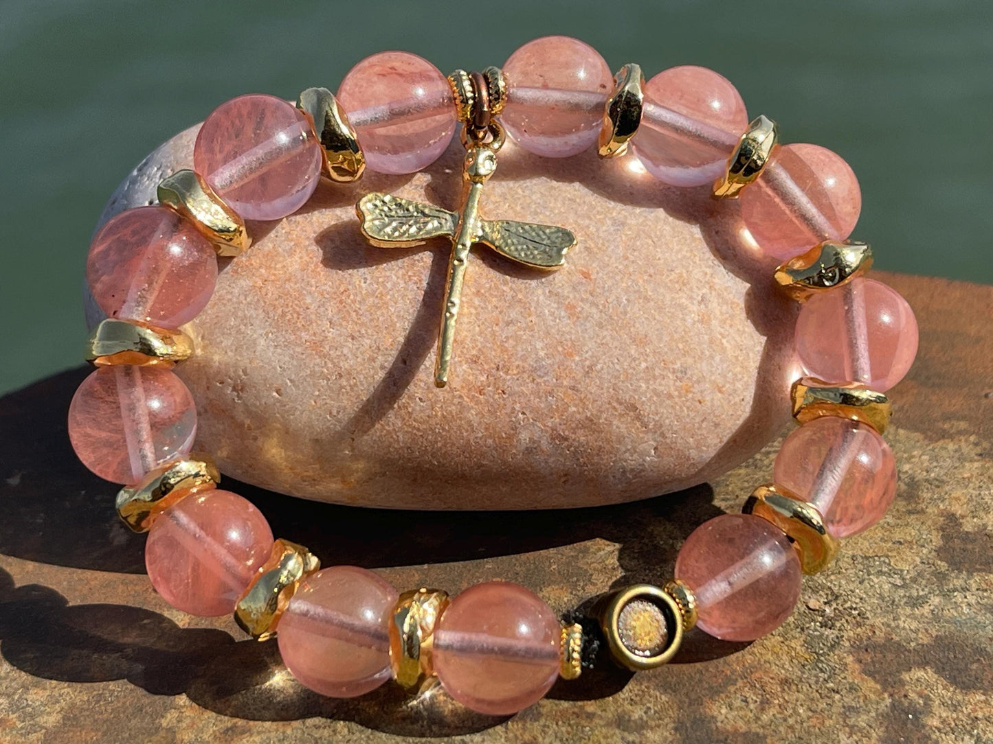 Pink quartz bracelet, handmade bracelet, dragonfly bracelet, pink bracelet, strawberry quartz handmade bracelet, boho bracelet, pink bangle