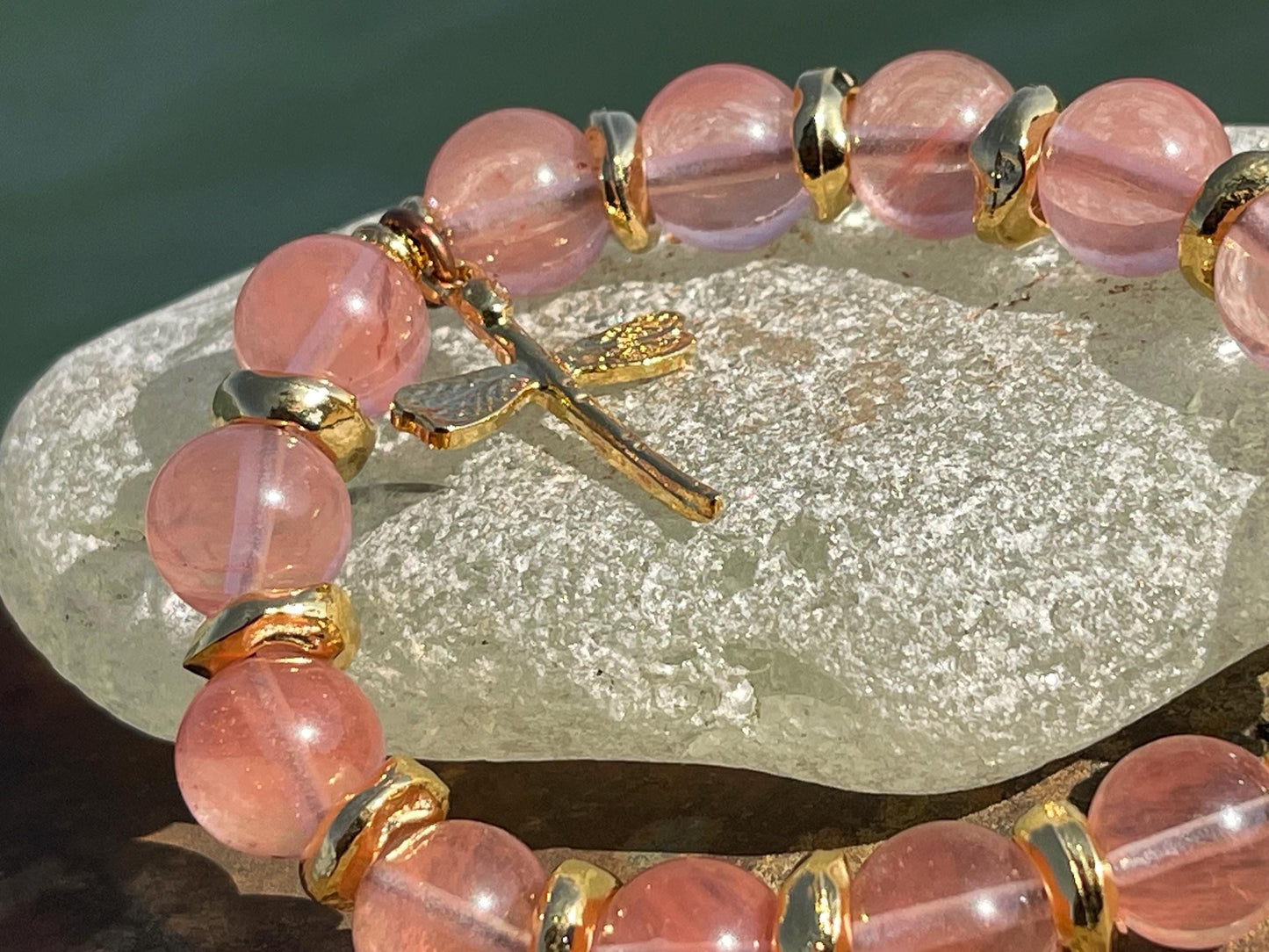 Pink quartz bracelet, handmade bracelet, dragonfly bracelet, pink bracelet, strawberry quartz handmade bracelet, boho bracelet, pink bangle