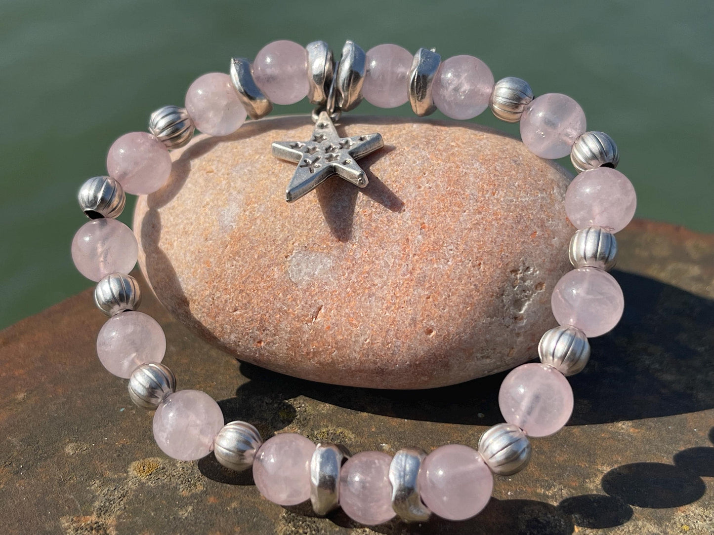 Rose quartz bracelet, romantic bracelet, boho bracelet, Hippy bracelet, gift for her, star bracelet, handmade bracelet, rose quartz bangle