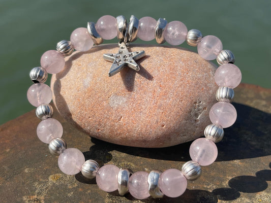 Rose quartz bracelet, romantic bracelet, boho bracelet, Hippy bracelet, gift for her, star bracelet, handmade bracelet, rose quartz bangle