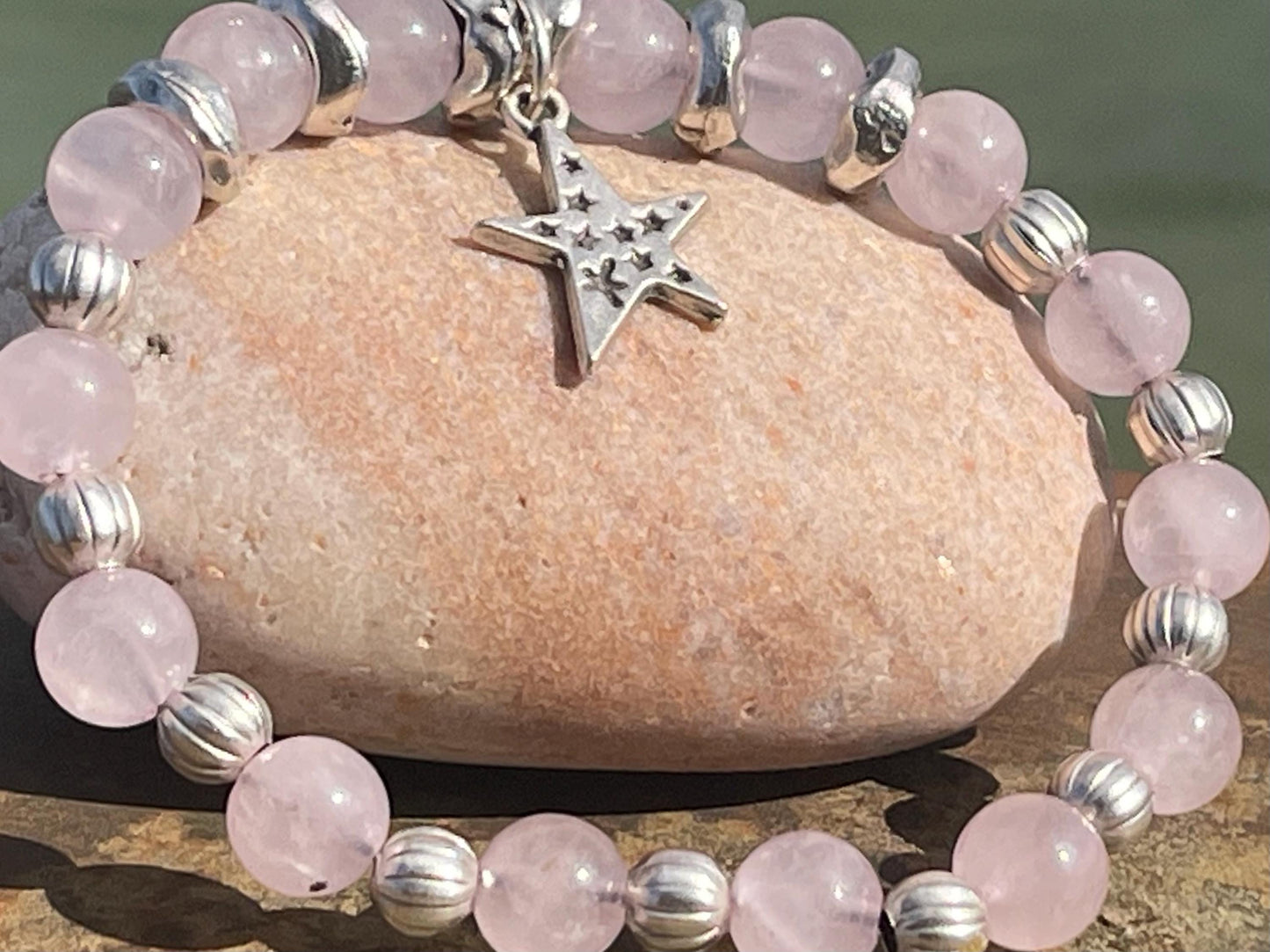 Rose quartz bracelet, romantic bracelet, boho bracelet, Hippy bracelet, gift for her, star bracelet, handmade bracelet, rose quartz bangle