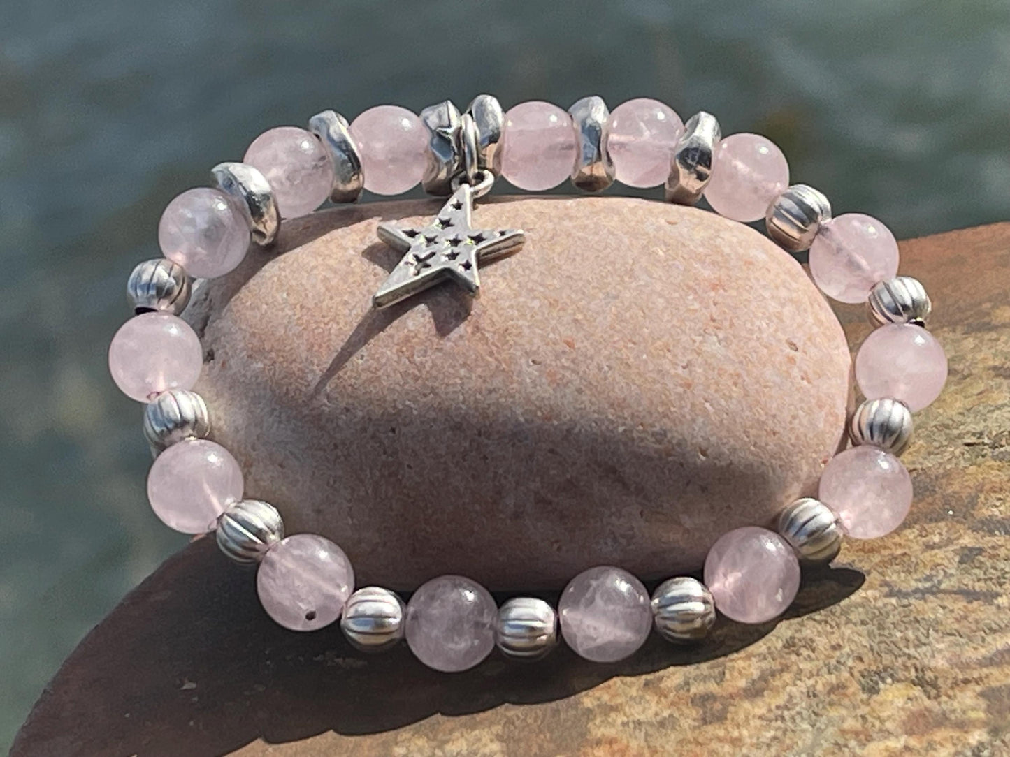 Rose quartz bracelet, romantic bracelet, boho bracelet, Hippy bracelet, gift for her, star bracelet, handmade bracelet, rose quartz bangle