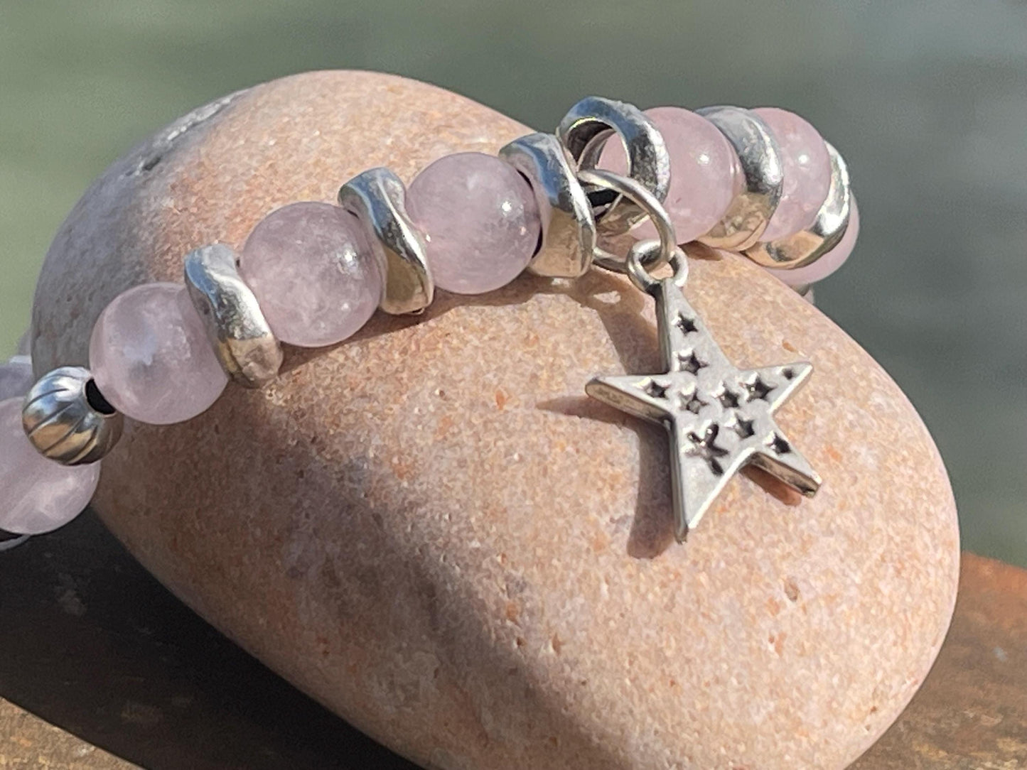 Rose quartz bracelet, romantic bracelet, boho bracelet, Hippy bracelet, gift for her, star bracelet, handmade bracelet, rose quartz bangle