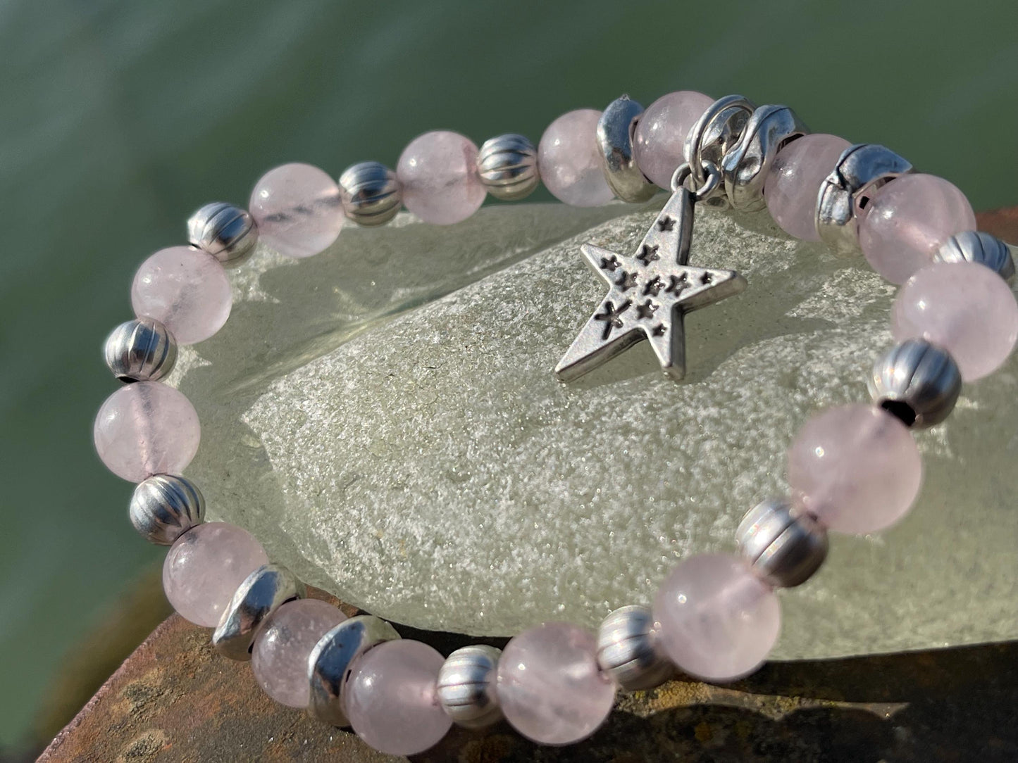 Rose quartz bracelet, romantic bracelet, boho bracelet, Hippy bracelet, gift for her, star bracelet, handmade bracelet, rose quartz bangle