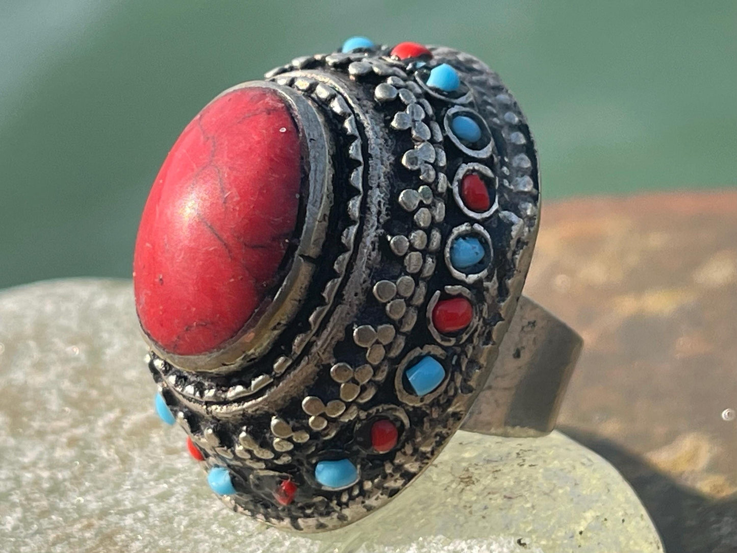 Fabulous vintage ring, large red ring, boho vintage jewellery, ethical jewellery, gypsy ring. Gypsy jewellery, statement jewellery