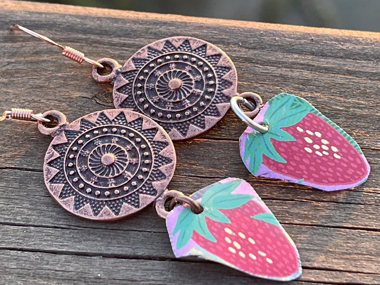 Strawberry earrings, tin can jewellery, fun jewellery, unique earrings, eco friendly jewellery, ethical gift ideas, ethical jewellery.