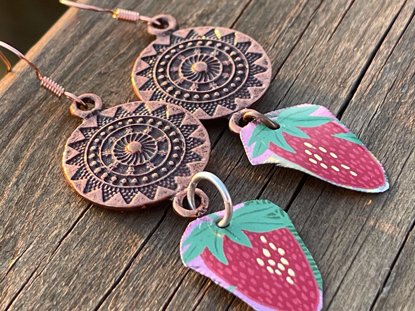 Strawberry earrings, tin can jewellery, fun jewellery, unique earrings, eco friendly jewellery, ethical gift ideas, ethical jewellery.