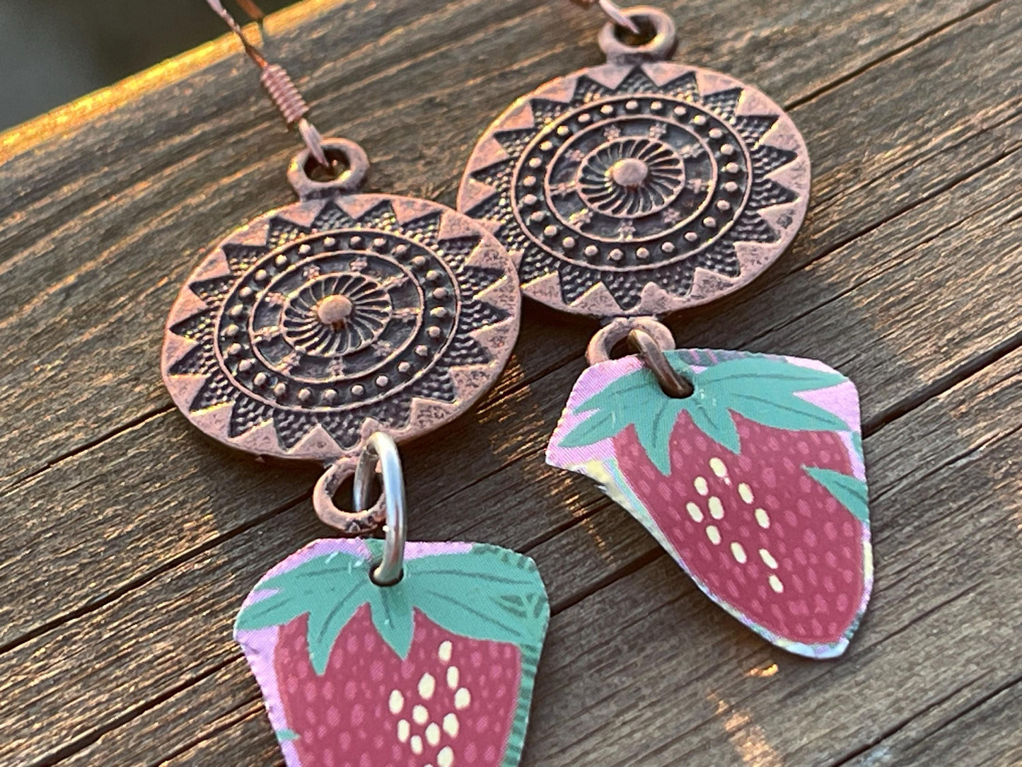 Strawberry earrings, tin can jewellery, fun jewellery, unique earrings, eco friendly jewellery, ethical gift ideas, ethical jewellery.