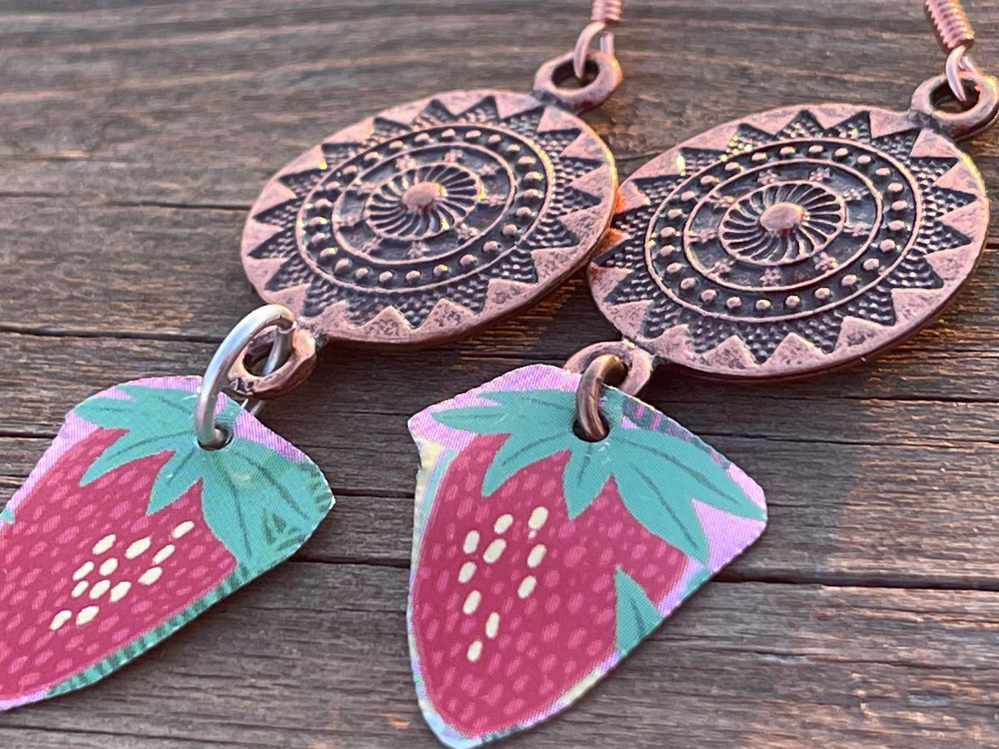 Strawberry earrings, tin can jewellery, fun jewellery, unique earrings, eco friendly jewellery, ethical gift ideas, ethical jewellery.