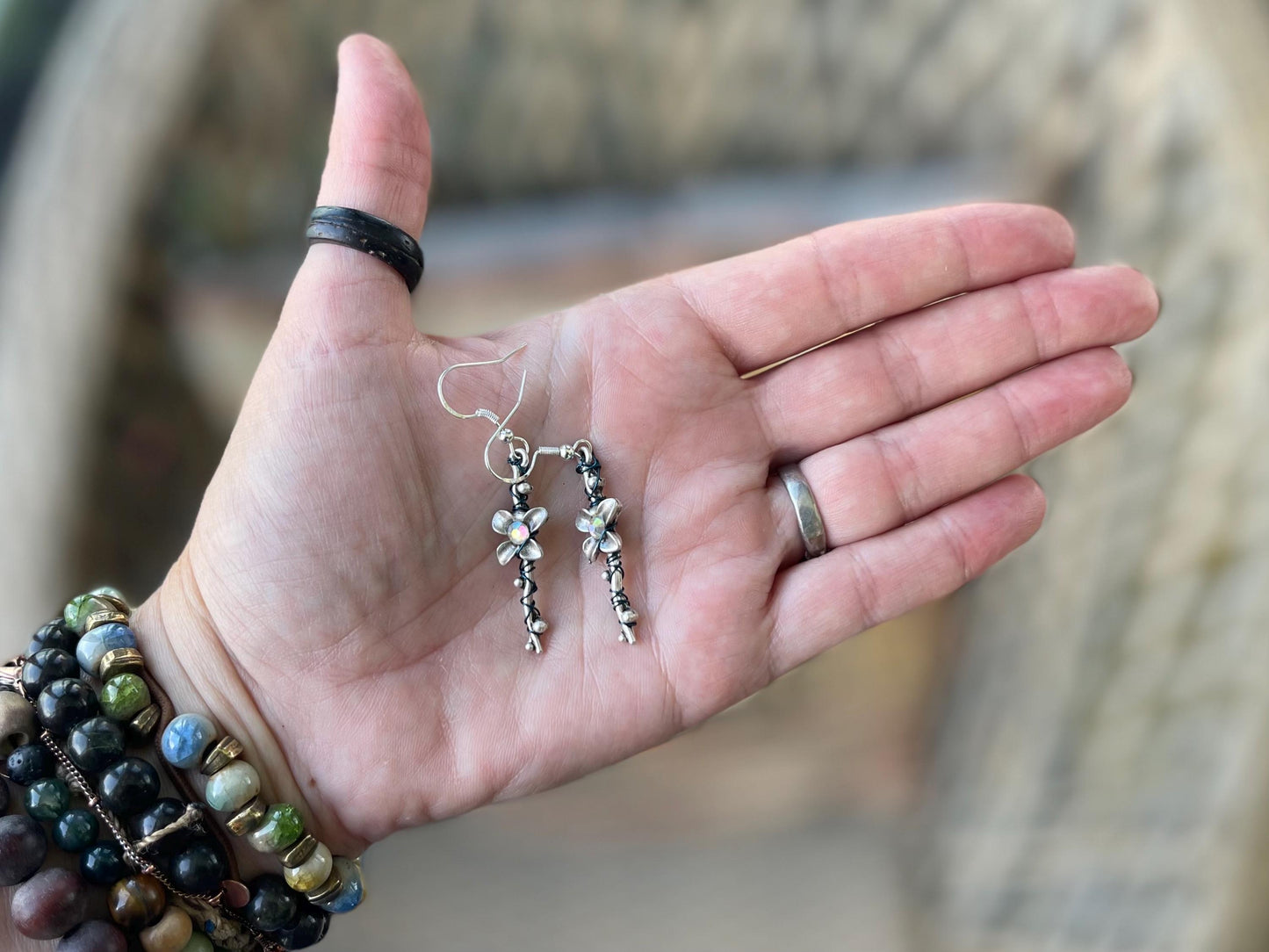 Flower earrings. Handmade earrings. boho earrings, unusual gift for her, boho earrings, bohemian unusual jewellery. Sparkly earrings