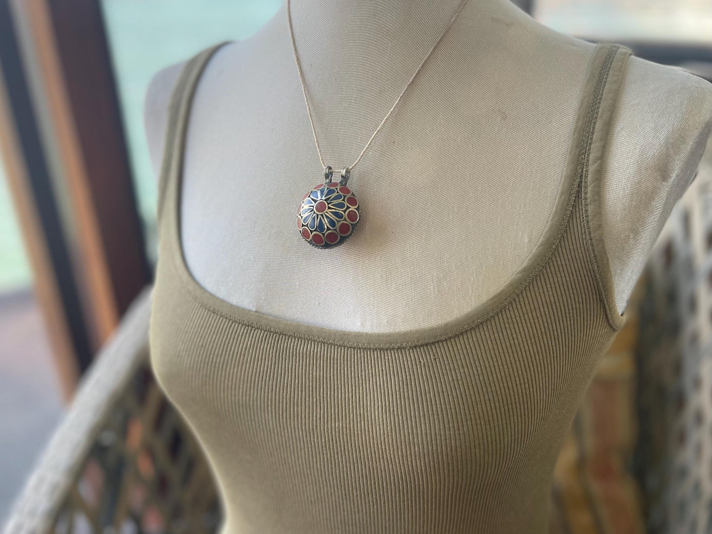 Fabulous vintage necklace, large necklace, boho vintage jewellery, ethical jewellery, blie and red statement jewellery. Ethical gifts.