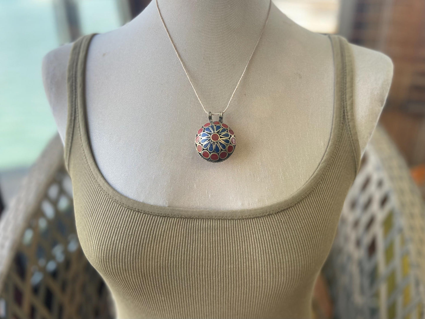 Fabulous vintage necklace, large necklace, boho vintage jewellery, ethical jewellery, blie and red statement jewellery. Ethical gifts.