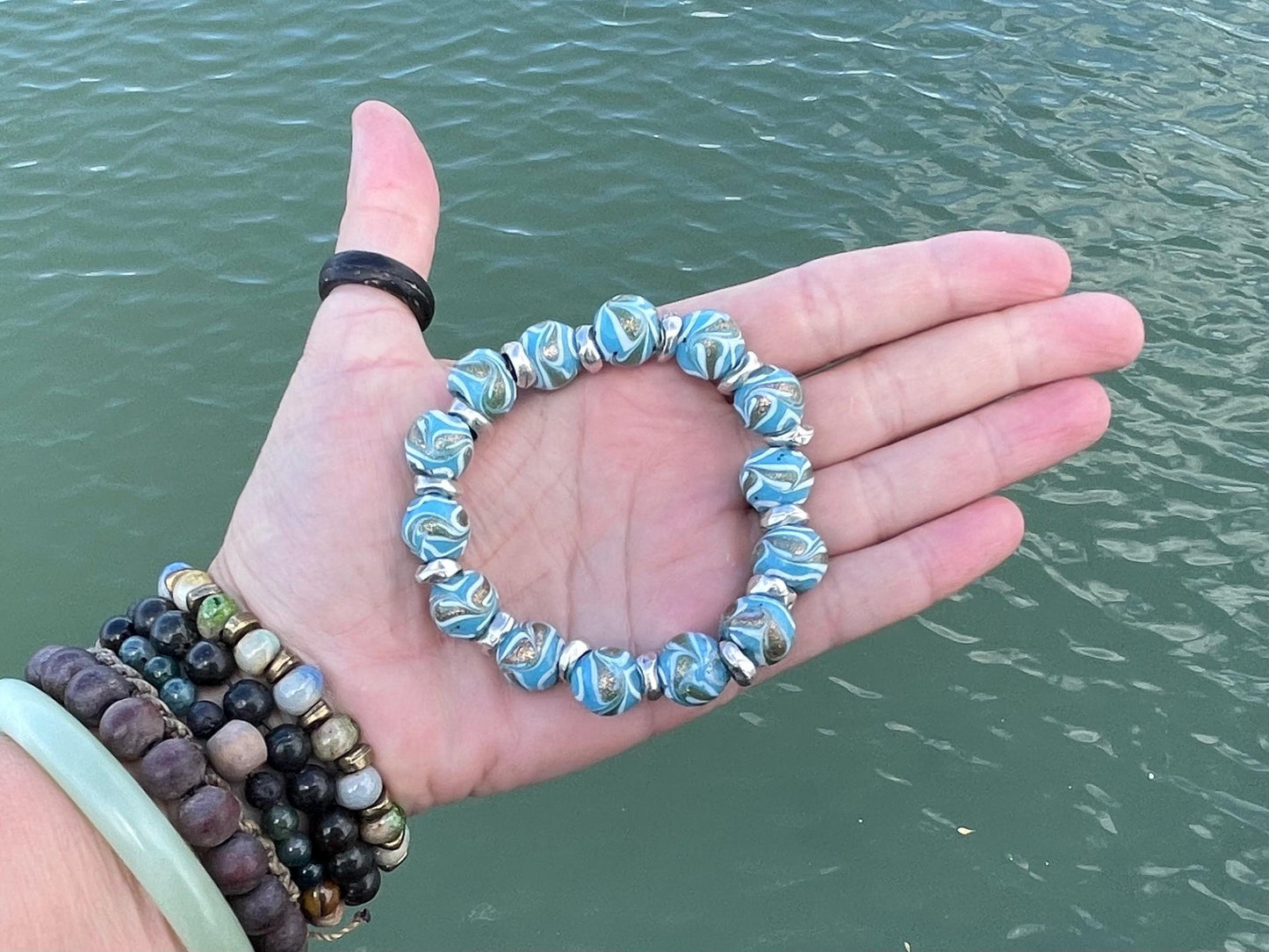 Blue glass bracelet, handmade gift for him, beaded bracelet, blue braclet, gifts for men, handmade bracelet, boho bracelet, gift for swimmer