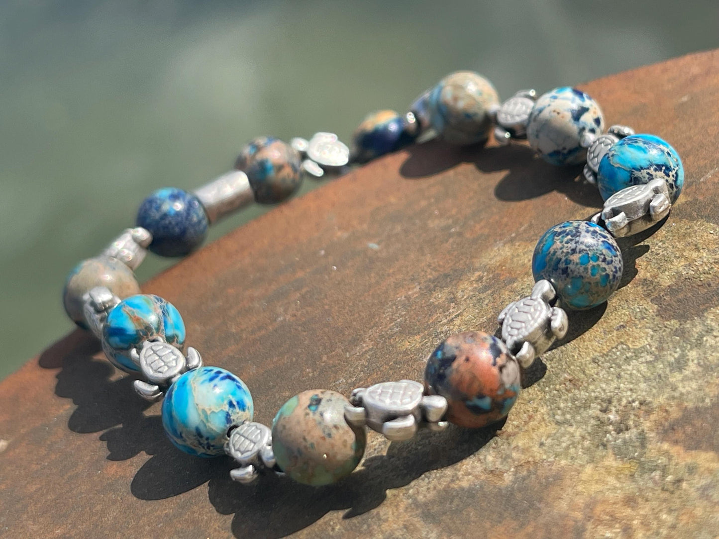 Jasper bracelet showcasing baby turtles. Turtle jewellery, Hippy bracelet, eco gift for her, ethical jewellery, handmade turtle bracelet