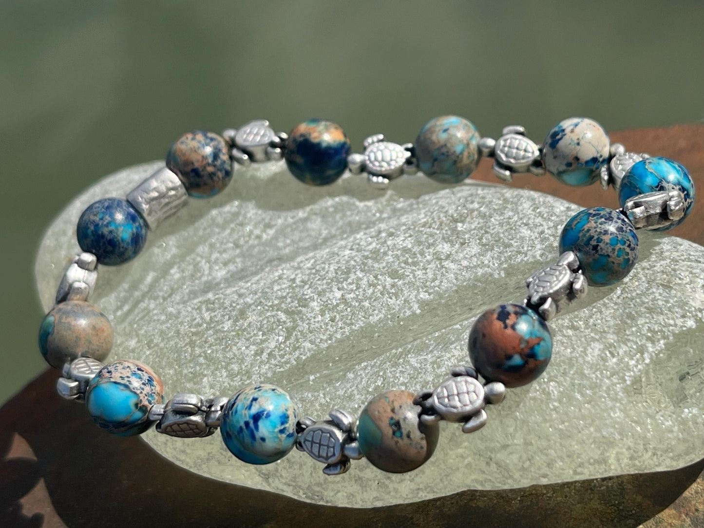 Jasper bracelet showcasing baby turtles. Turtle jewellery, Hippy bracelet, eco gift for her, ethical jewellery, handmade turtle bracelet