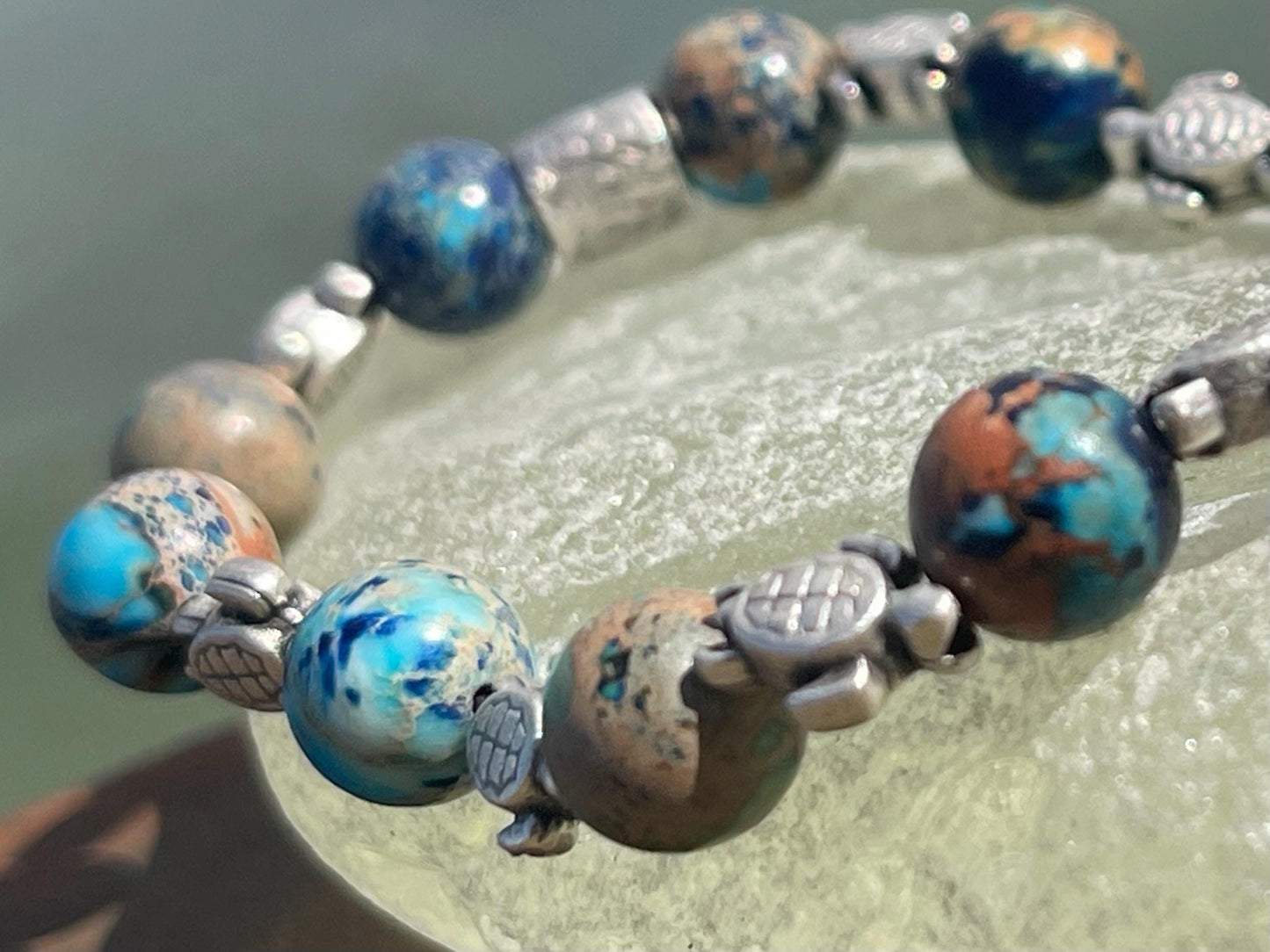 Jasper bracelet showcasing baby turtles. Turtle jewellery, Hippy bracelet, eco gift for her, ethical jewellery, handmade turtle bracelet