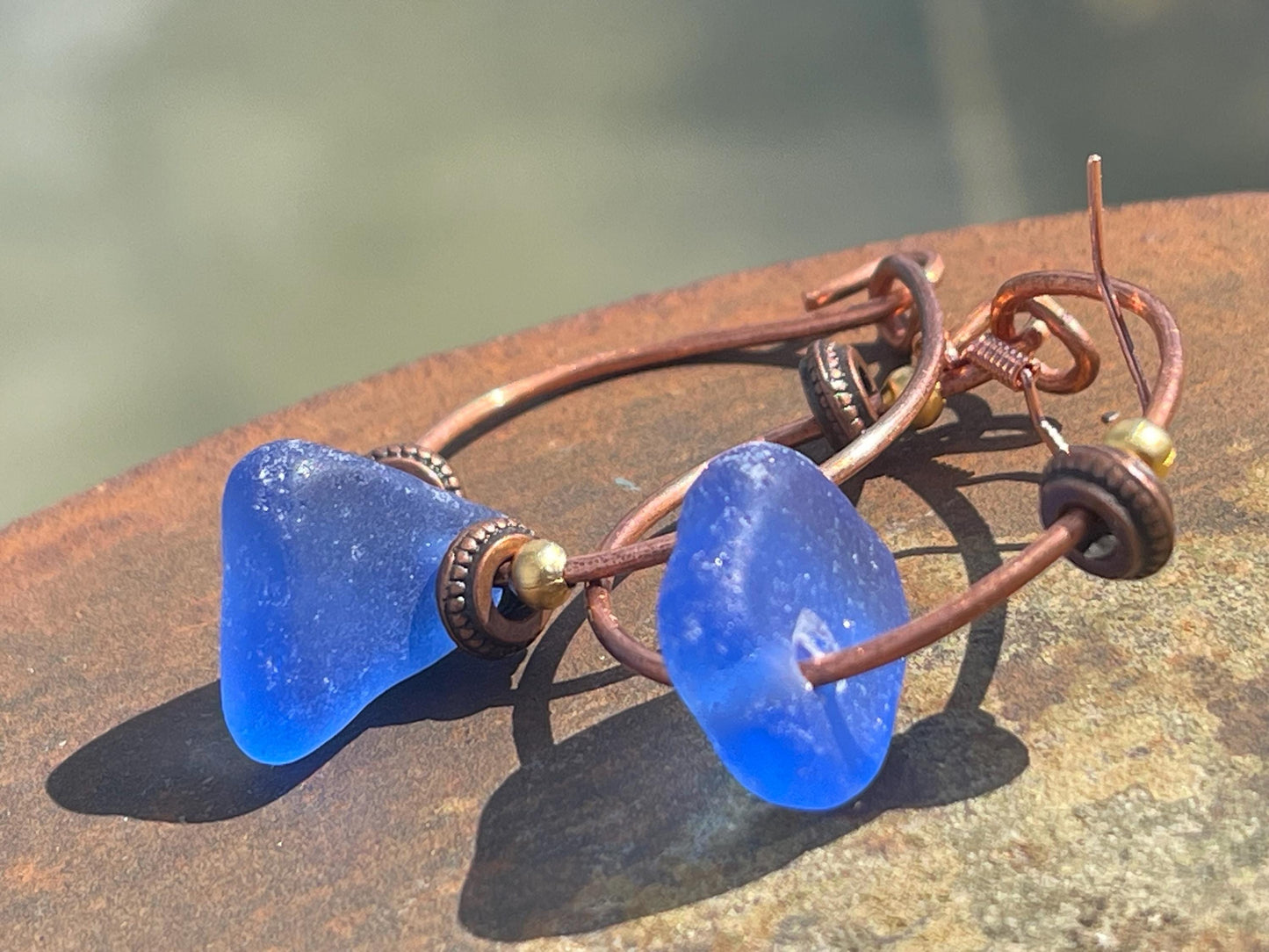 Handmade earrings. Sustainable jewellery, blue sea glass earrings. Handmade earrings, gift for her, eco friendly jewellery, ethical gifts