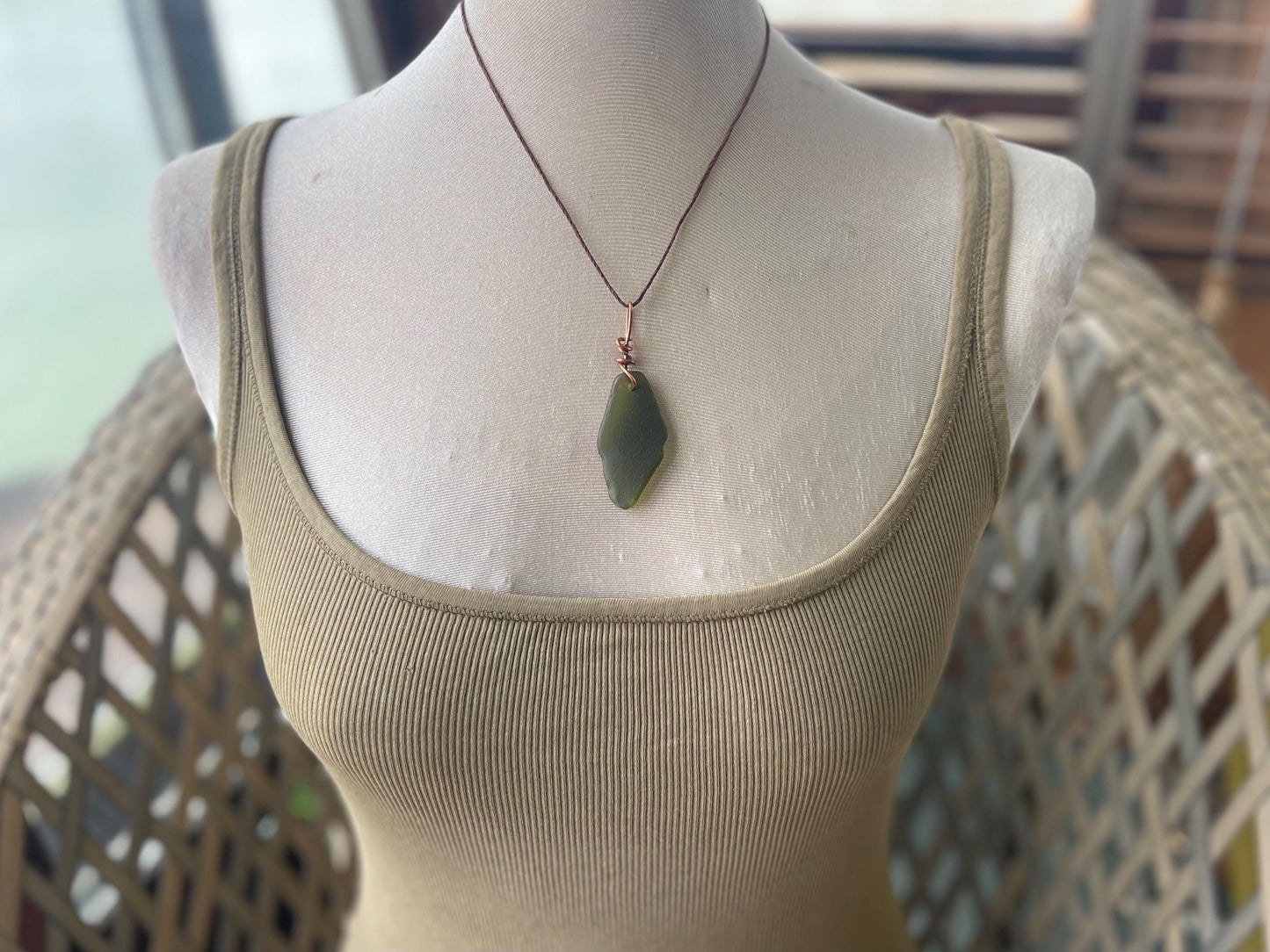 Green sea glass necklace. Recycled necklace, gift for him. Ethical jewellery. Sea glass pendant. Eco friendly necklace, boho surf jewellery