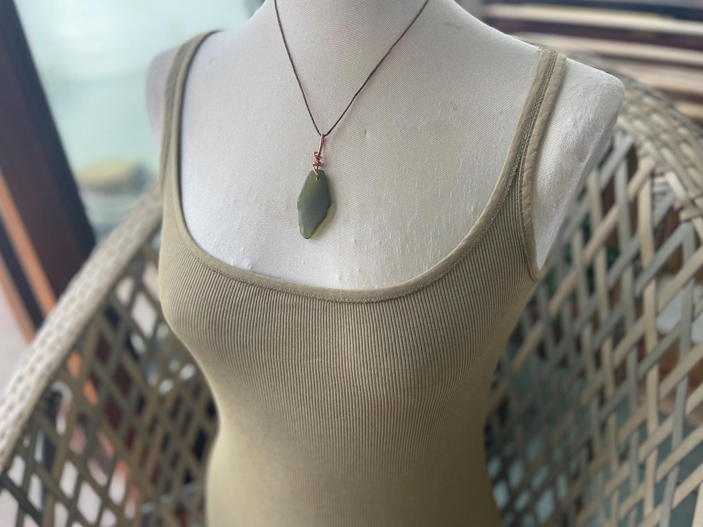 Green sea glass necklace. Recycled necklace, gift for him. Ethical jewellery. Sea glass pendant. Eco friendly necklace, boho surf jewellery