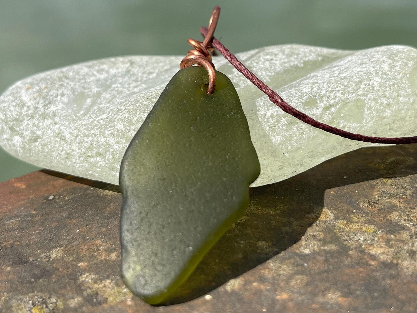 Green sea glass necklace. Recycled necklace, gift for him. Ethical jewellery. Sea glass pendant. Eco friendly necklace, boho surf jewellery