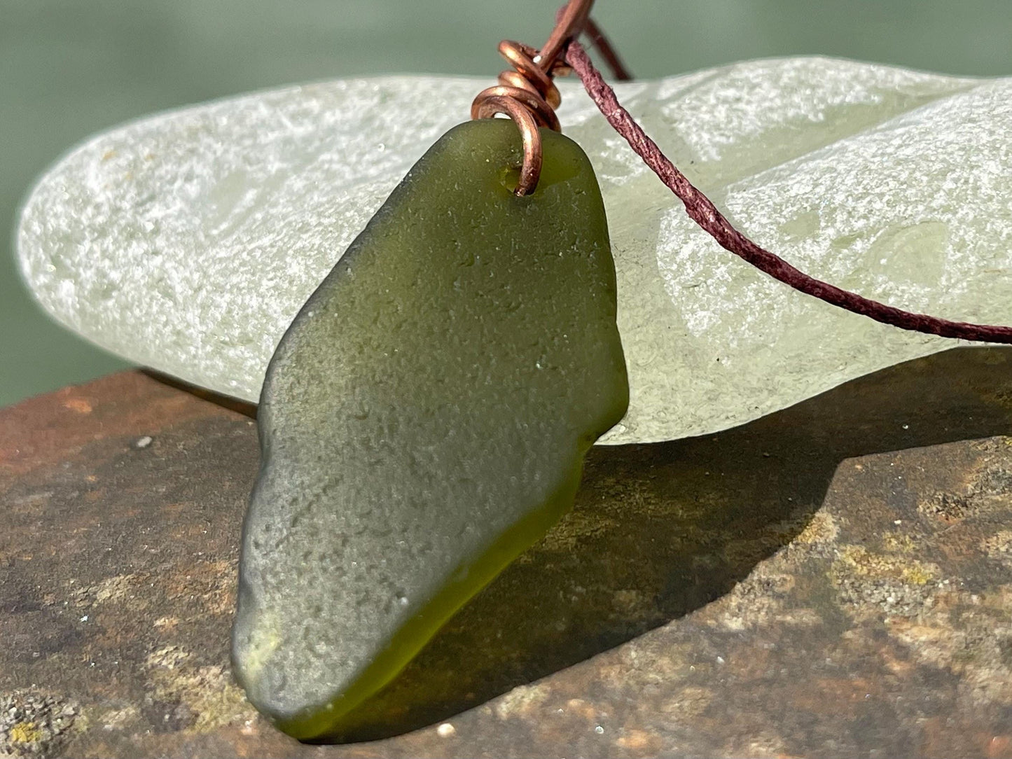 Green sea glass necklace. Recycled necklace, gift for him. Ethical jewellery. Sea glass pendant. Eco friendly necklace, boho surf jewellery