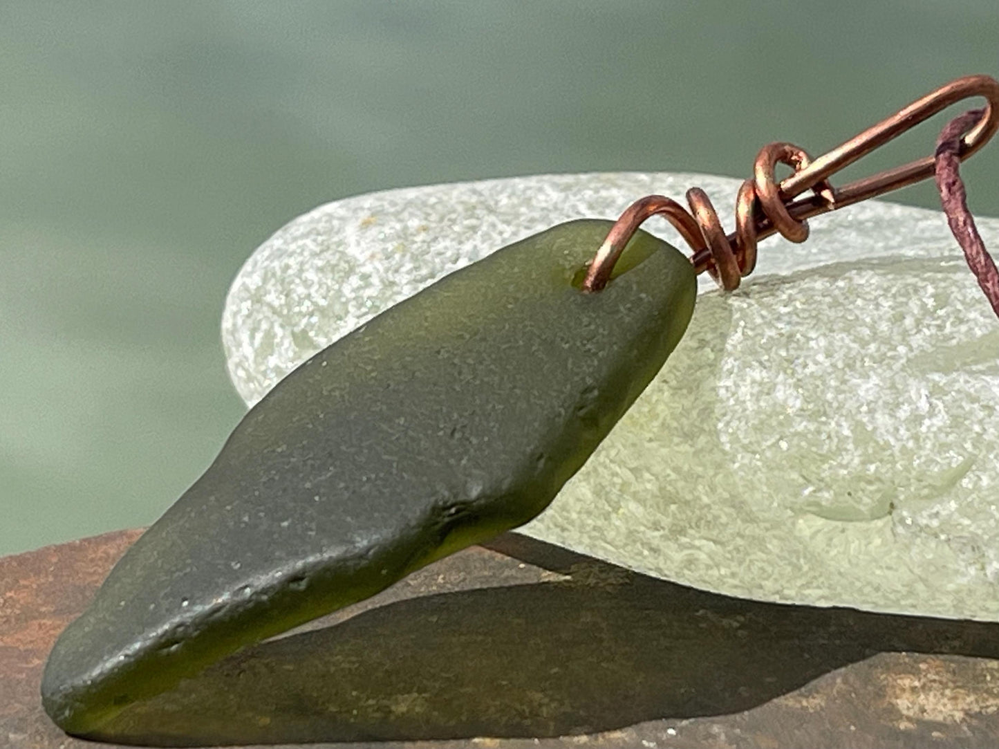 Green sea glass necklace. Recycled necklace, gift for him. Ethical jewellery. Sea glass pendant. Eco friendly necklace, boho surf jewellery