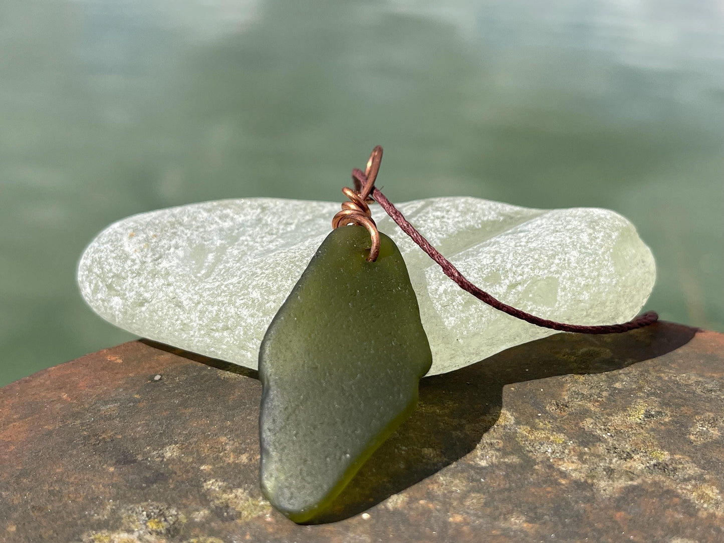 Green sea glass necklace. Recycled necklace, gift for him. Ethical jewellery. Sea glass pendant. Eco friendly necklace, boho surf jewellery